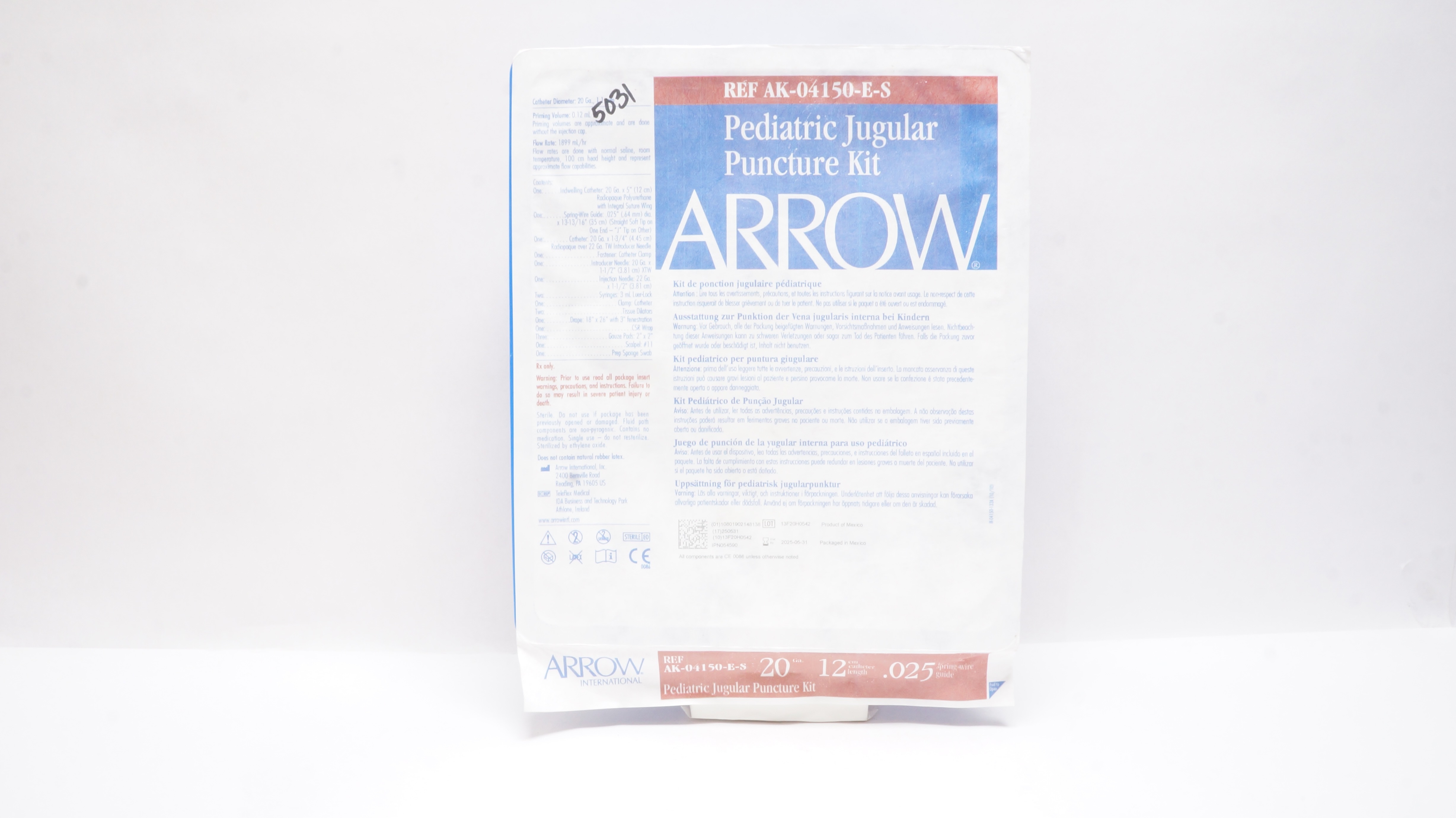 Arrow AK-04150-E-S Pediatric Jugular Puncture Kit 20Ga x 12cm x .025inch