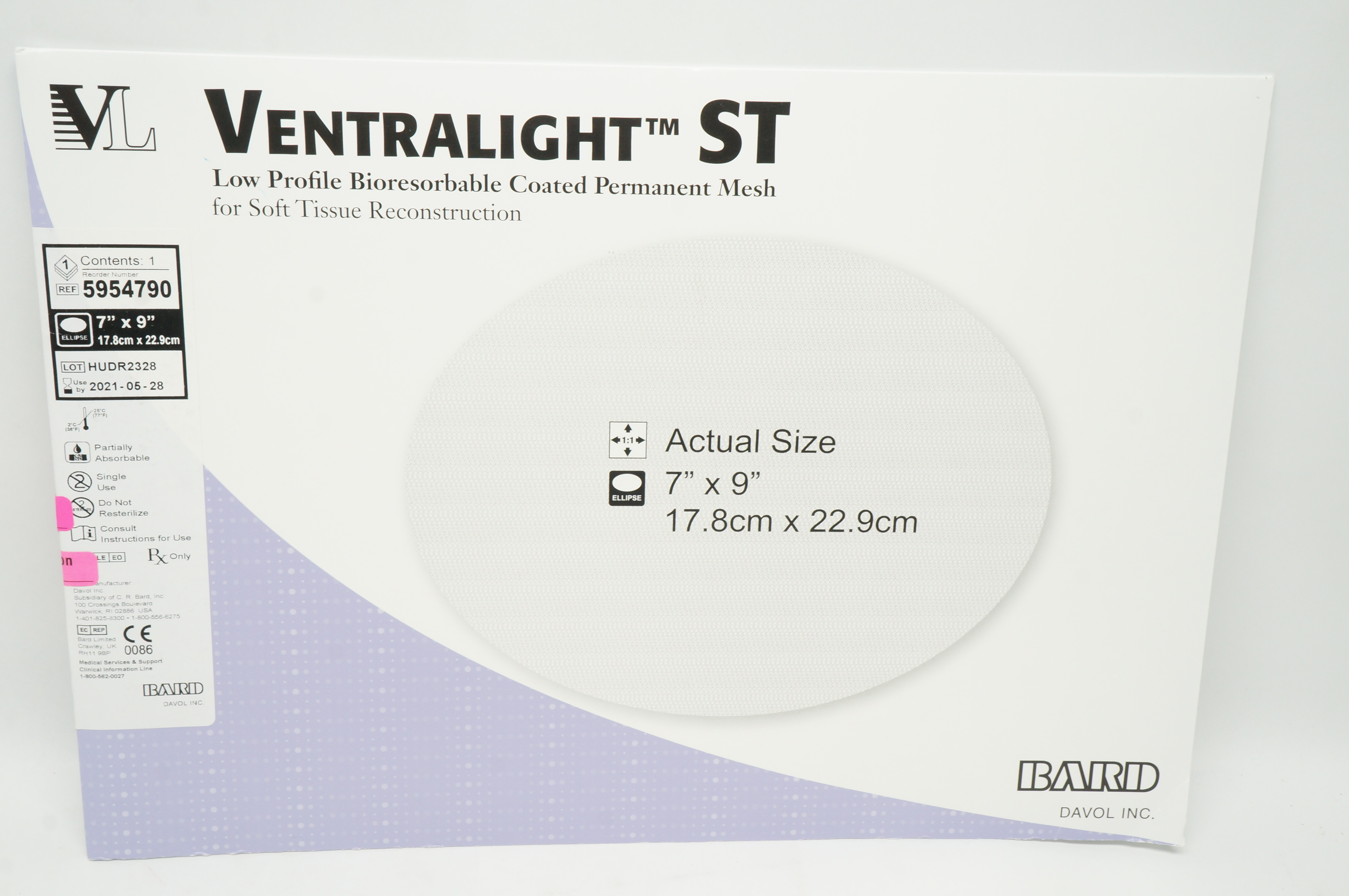 Bard 5954790 Ventralight ST Low Profile Coated Permanent Mesh 7inch x 9inch (x)