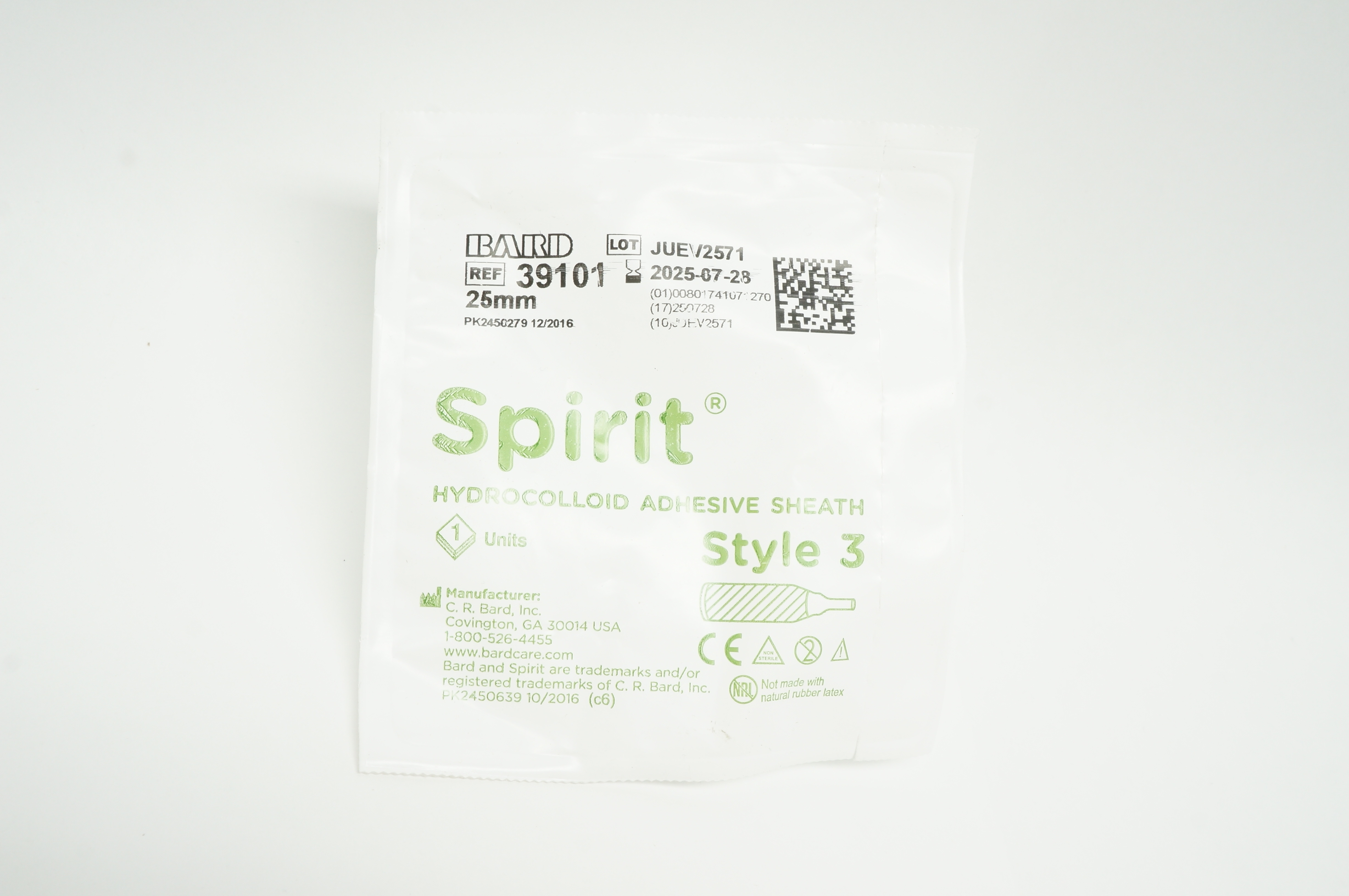Bard 39101 Spirit Hydrocolloid Adhesive Sheath Style 3, 25mm