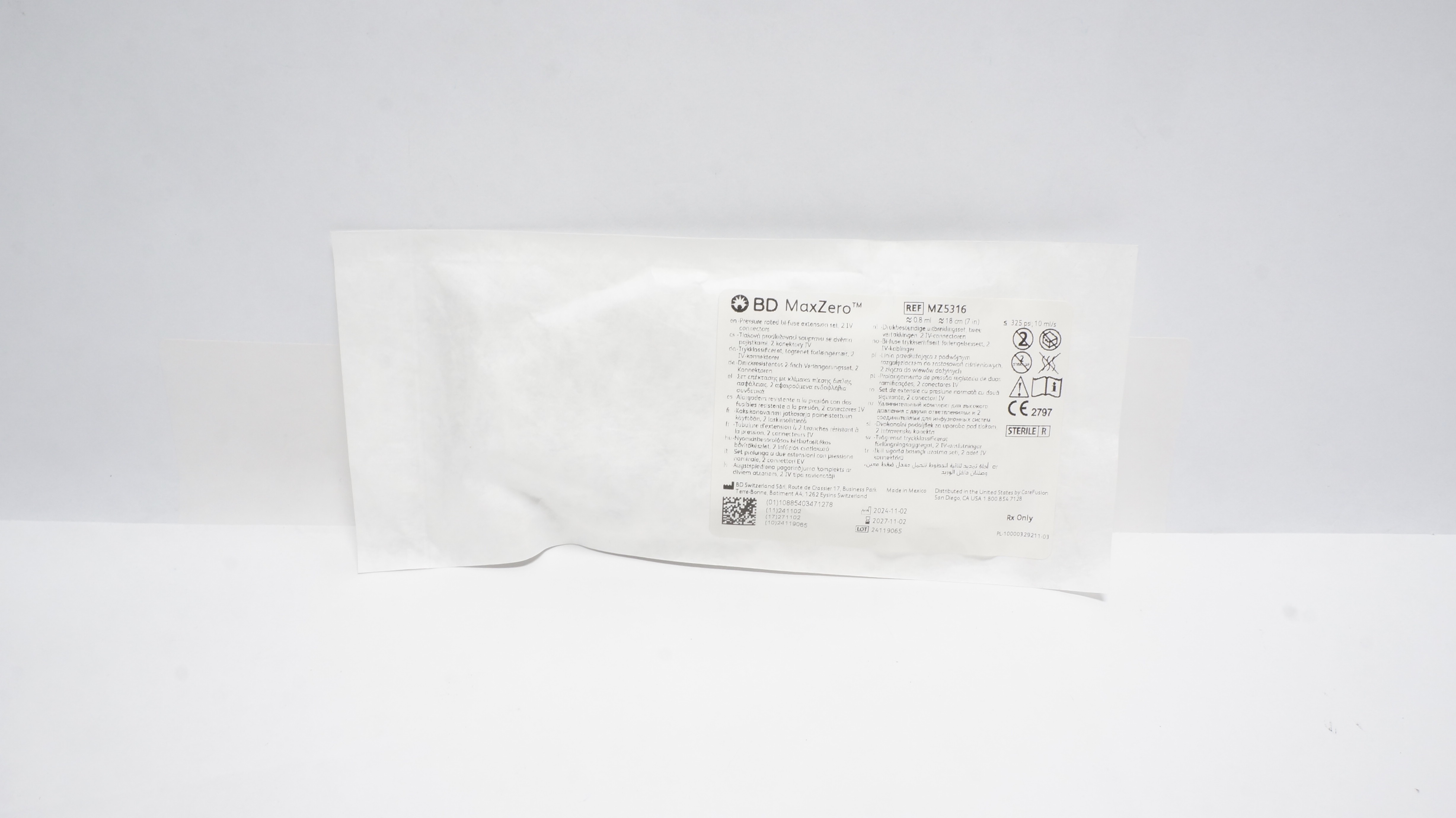 BD MZ5316 MaxZero Pressure Rated Bi‐Fuse Extension Set 2 IV Connectors