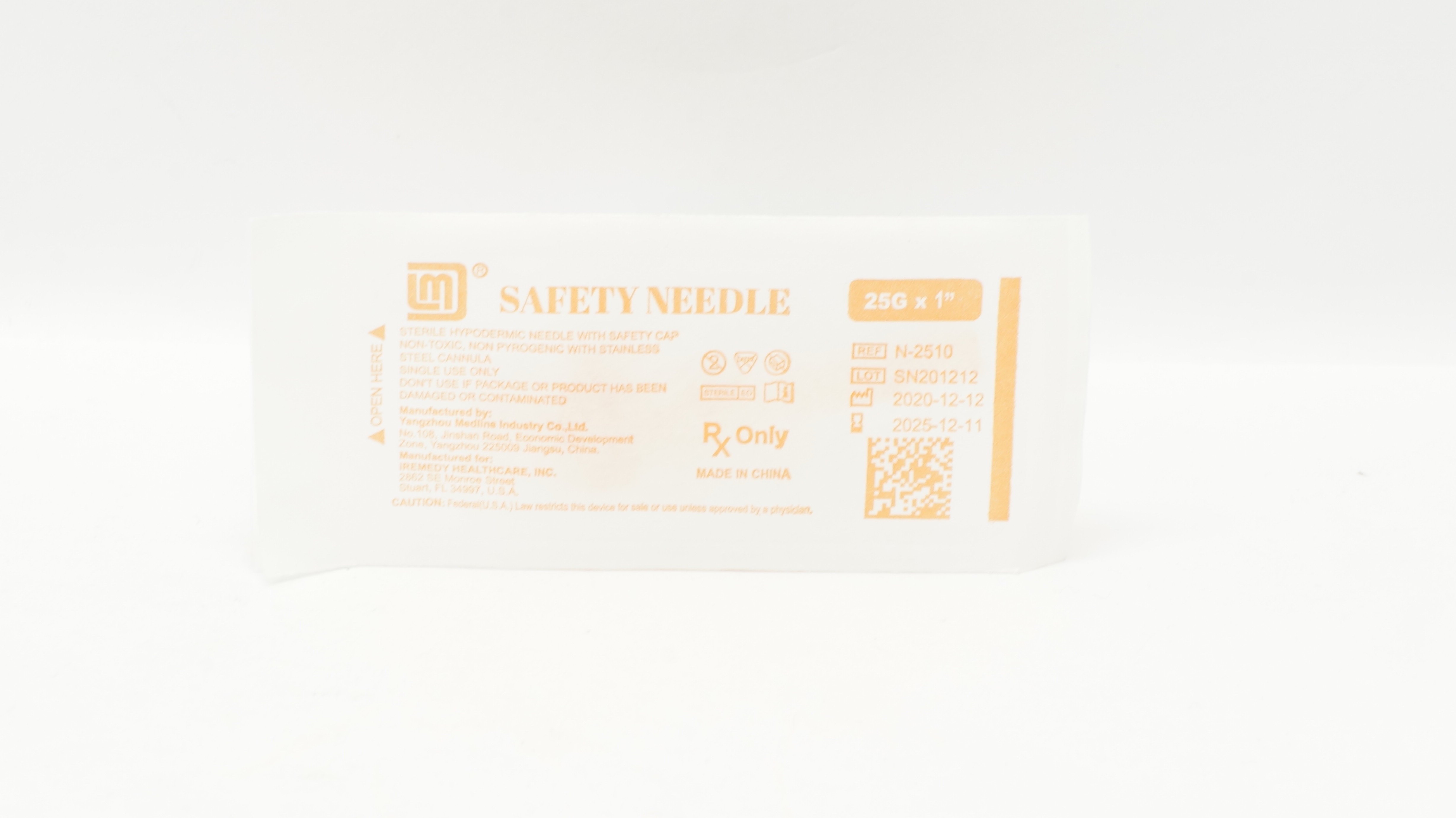 Yangzhou Medline N-2510 Hypodermic Ndle W/Safety Cap 25G x 1inch