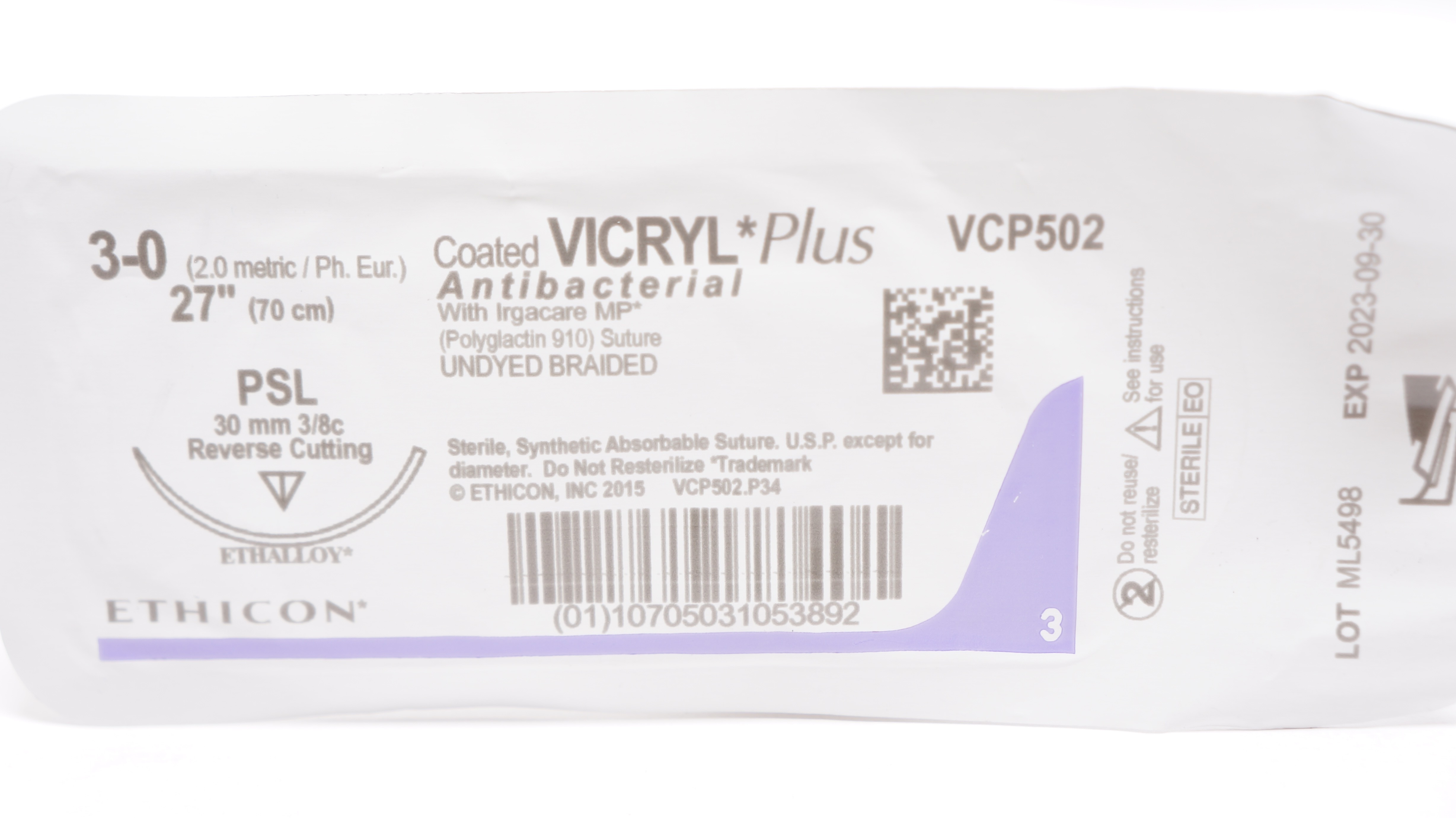 Ethicon VCP502 3-0 Coated Vicryl Plus Stre PSL 30mm 3/8c Reverse Cutting, 27inch