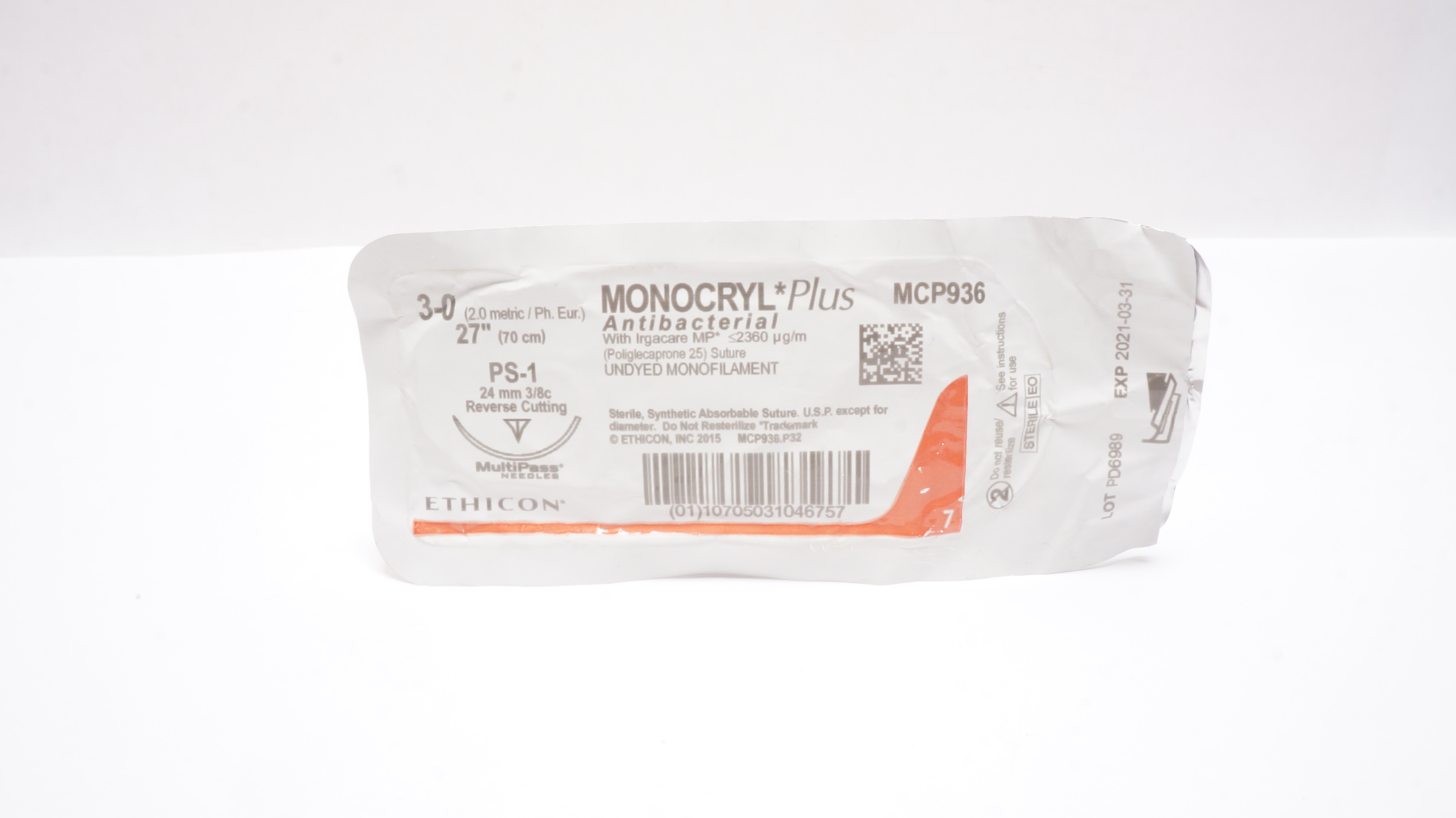 Ethicon MCP936 3-0 Monocryl Plus Stre PS-1 24mm 3/8c Reverse Cutting 27inch (x)