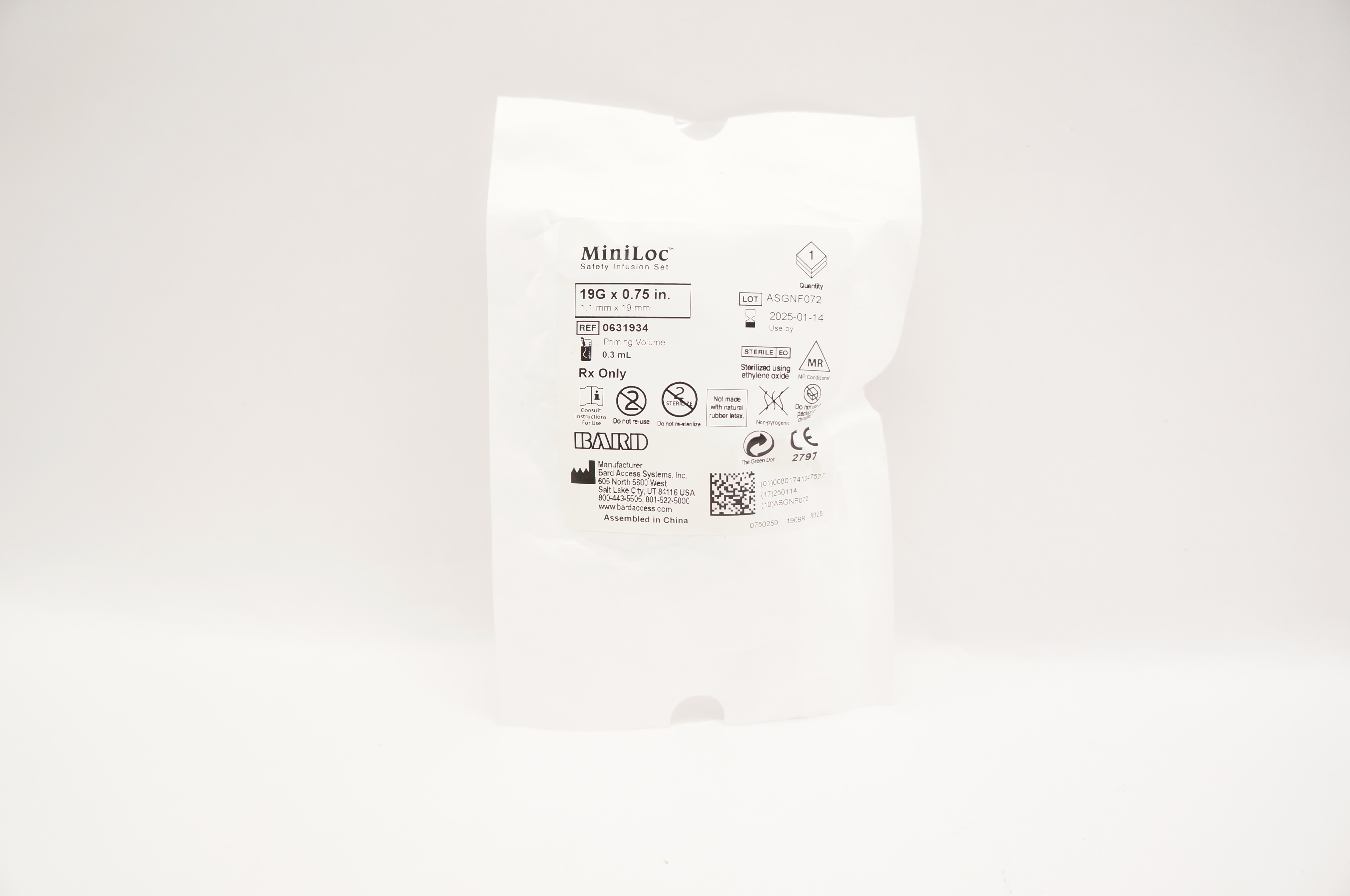 Bard 0631934 Miniloc Safety Infusion Set 19G x 0.75inch, Priming Volume 0.3mL