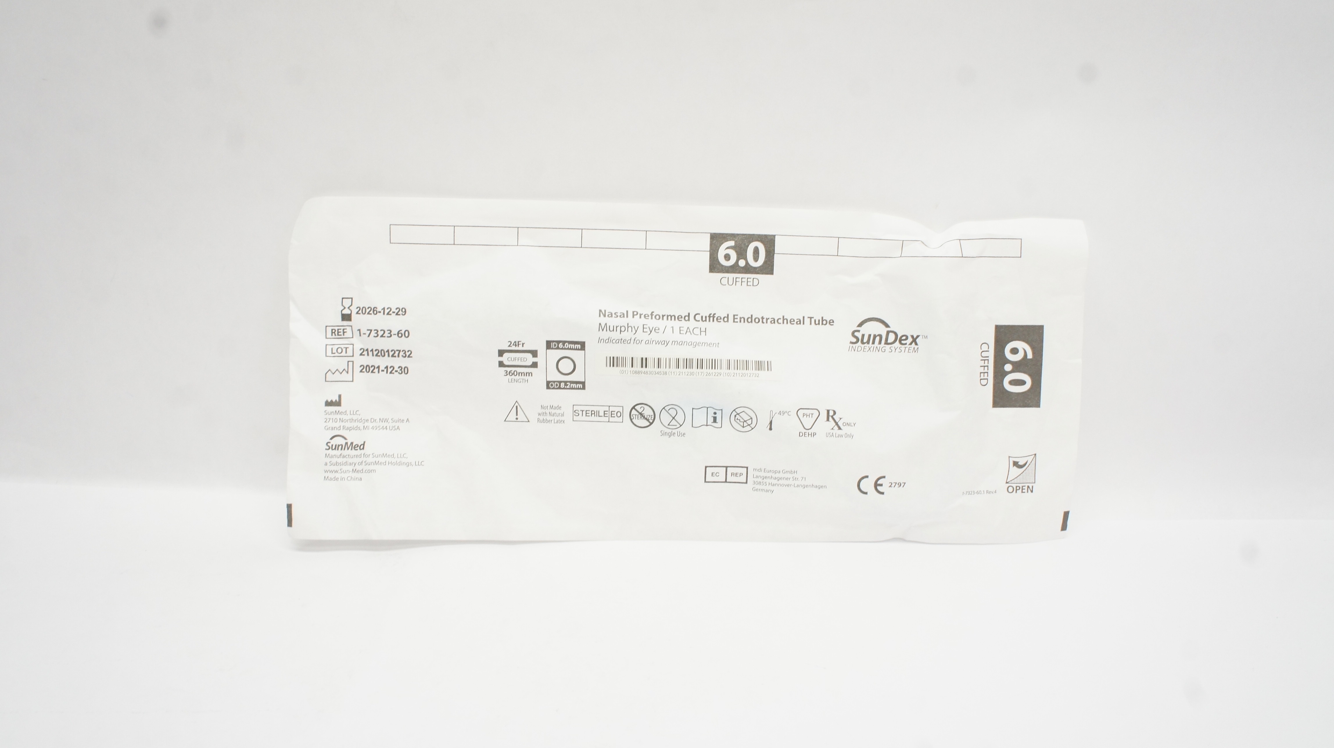 SunMed 1-7323-60 SunDex Preformed Nasal Cuffed ET Tube, 24 Fr, 6.0 mm, 360 mm