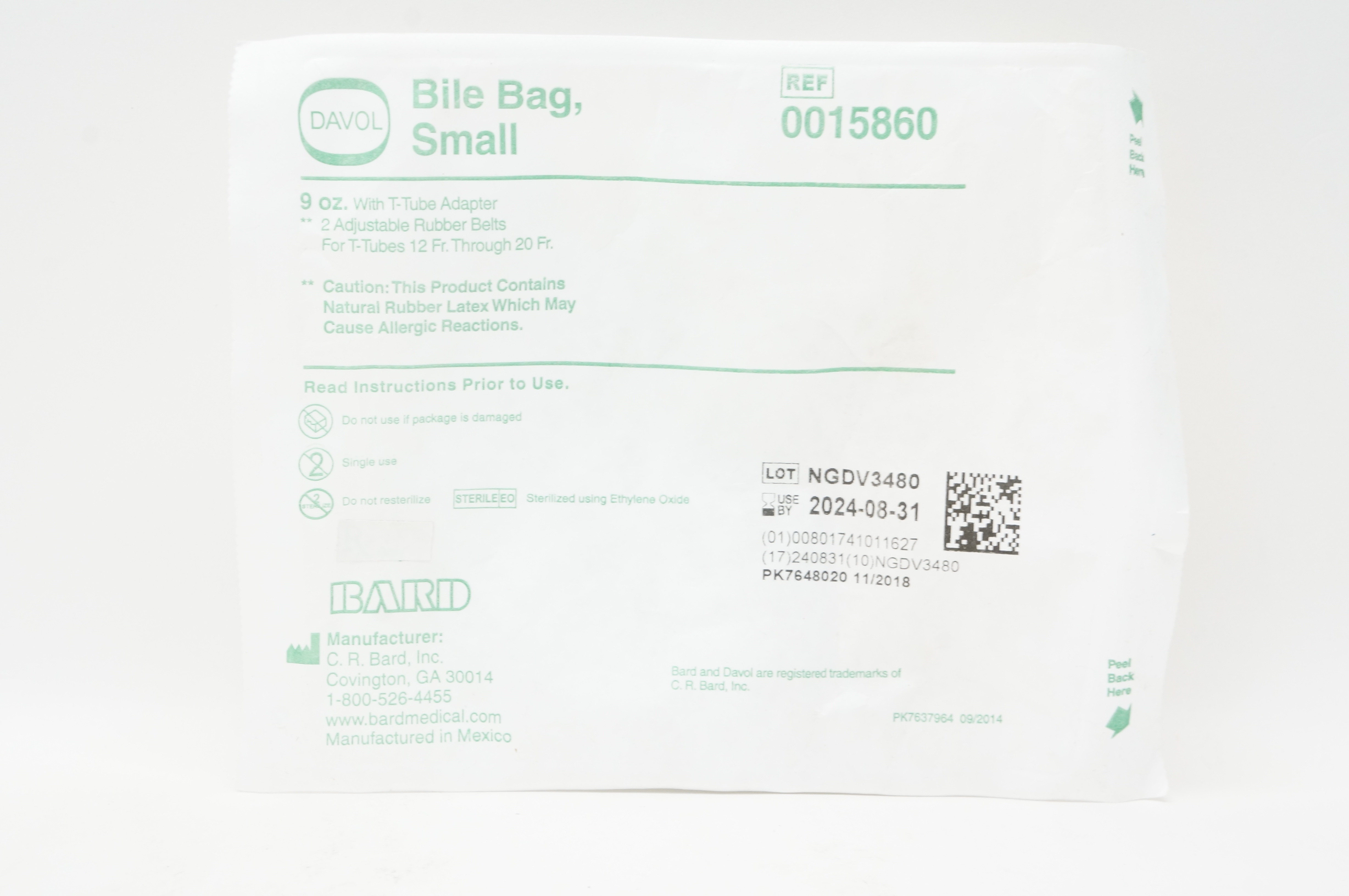 Bard 0015860 Davol Bile Bag Small 9oz with T-Tube Adapter