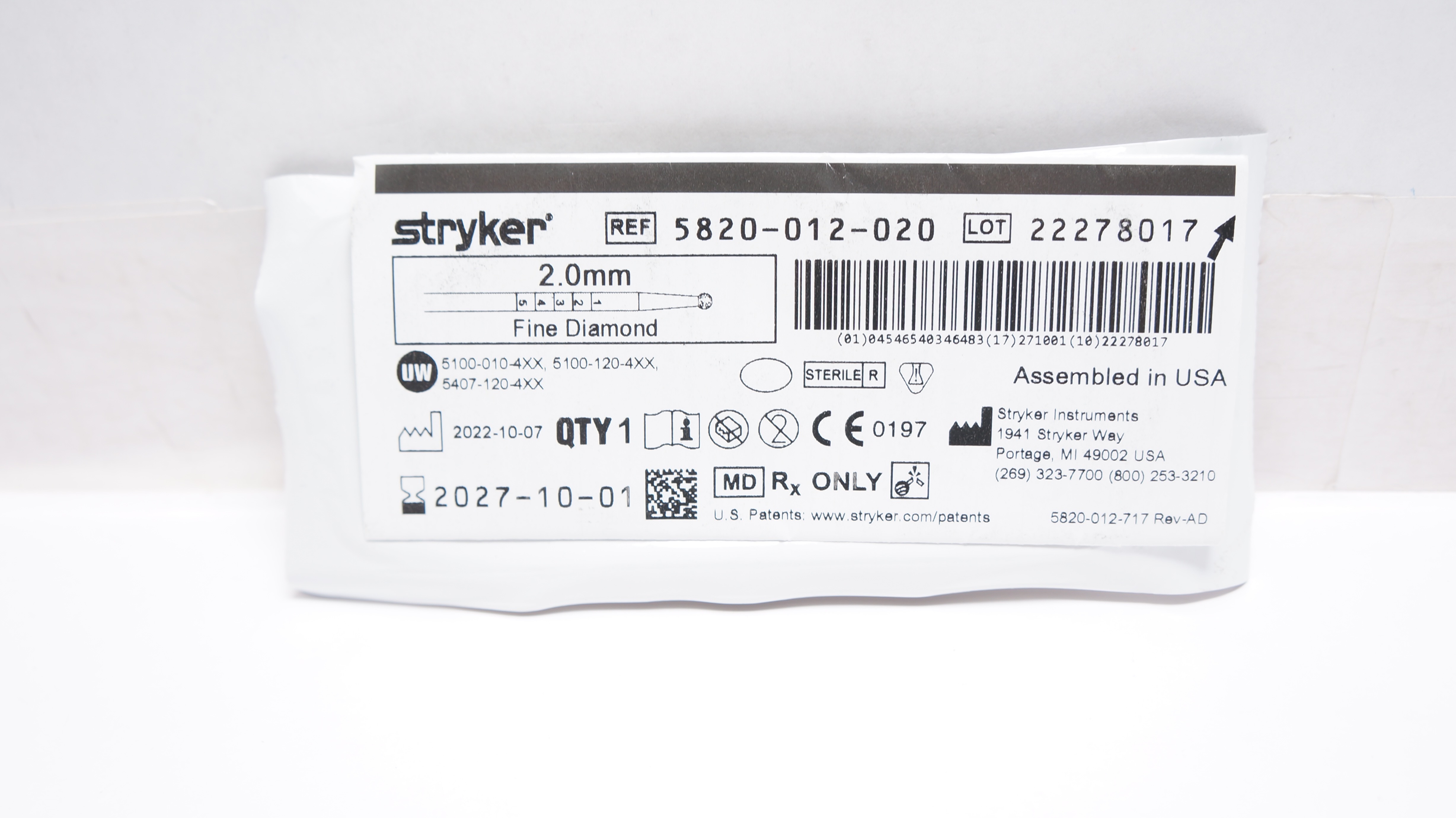 Stryker 5820-012-020 Diamond Round Bur 2.0mm