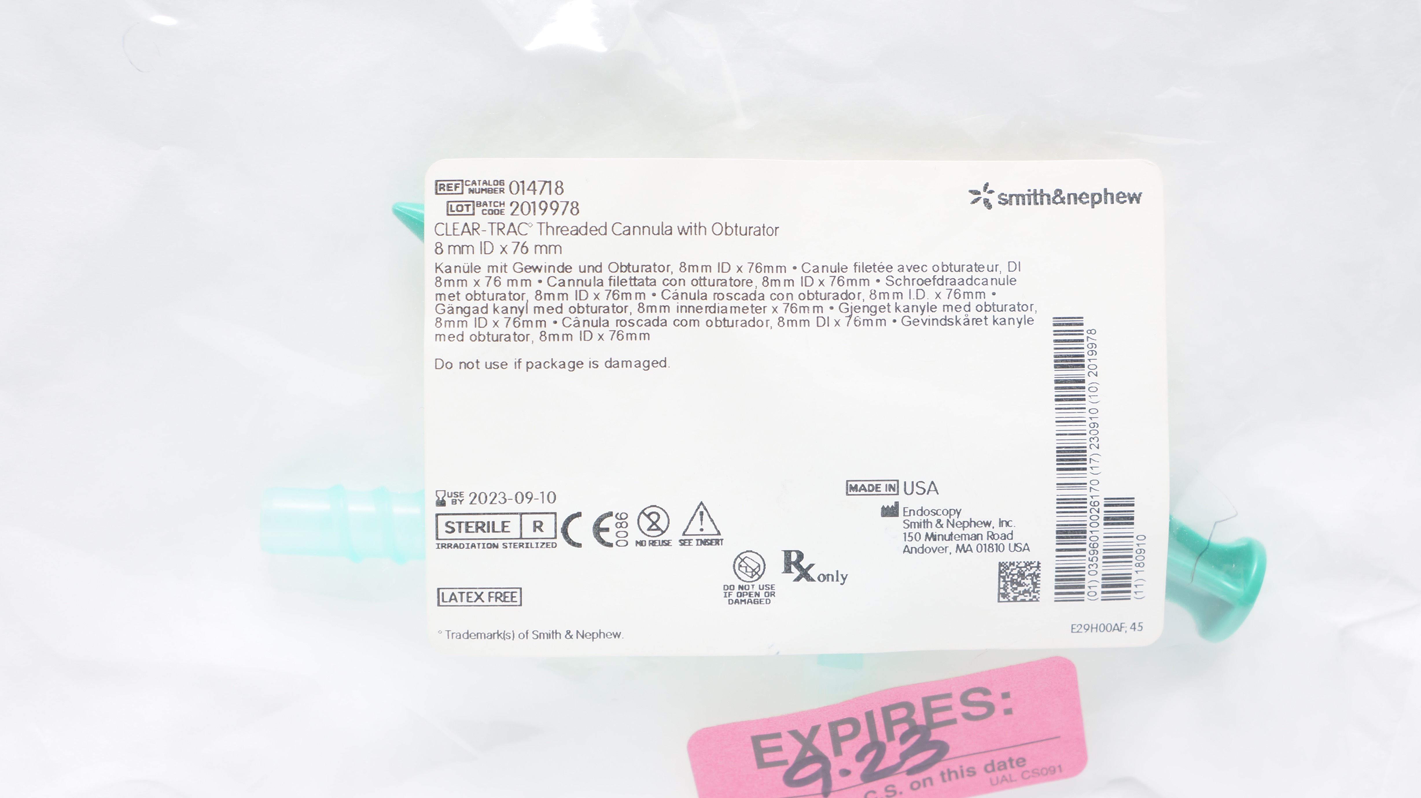 Smith&Nephew 014718 CLEAR-TRAC Threaded Cannula with Obturator 8mm ID x 76mm (x)