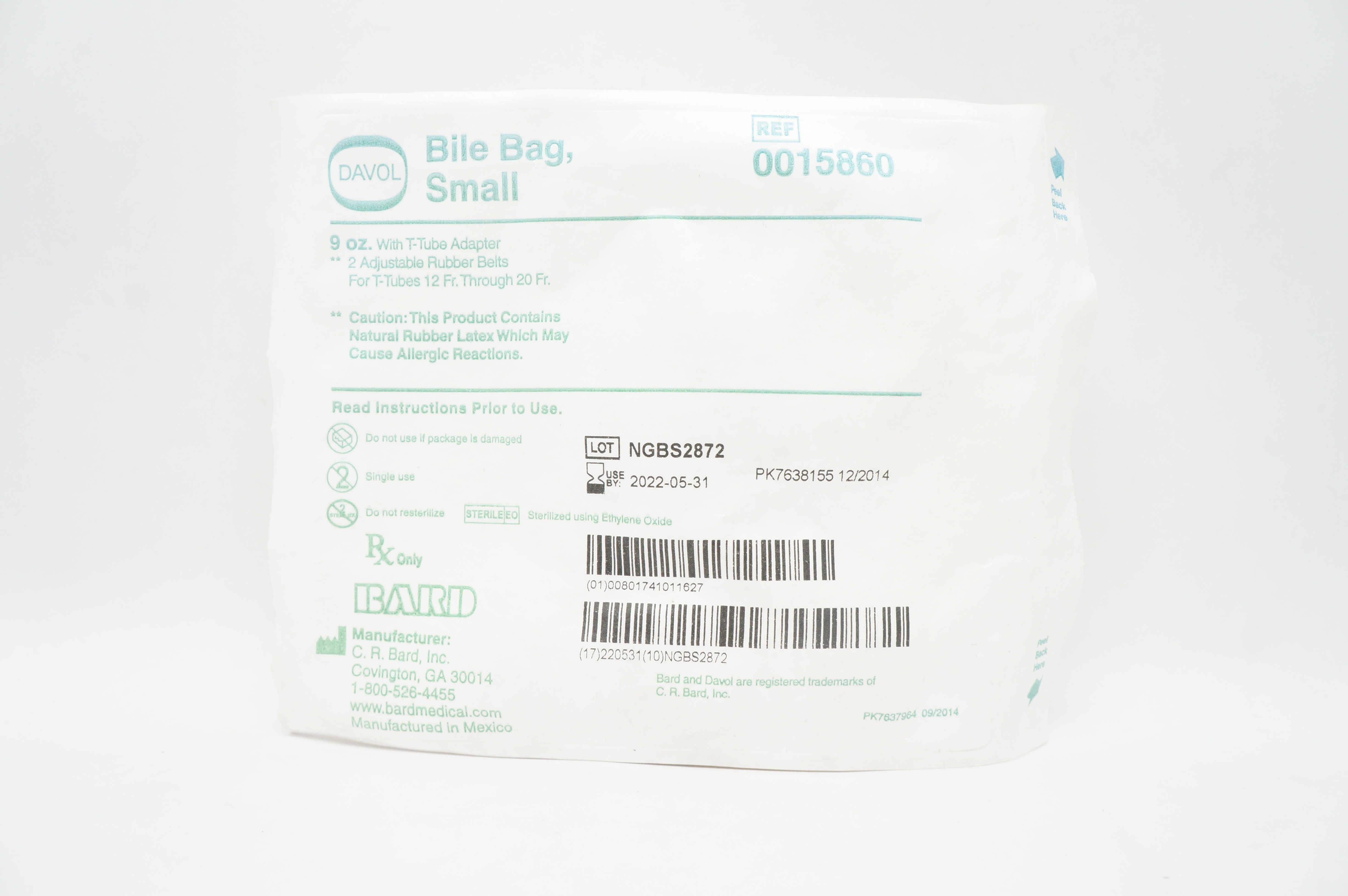 Bard 0015860 Davol Bile Bag Small 9oz with T-Tube Adapter (x)