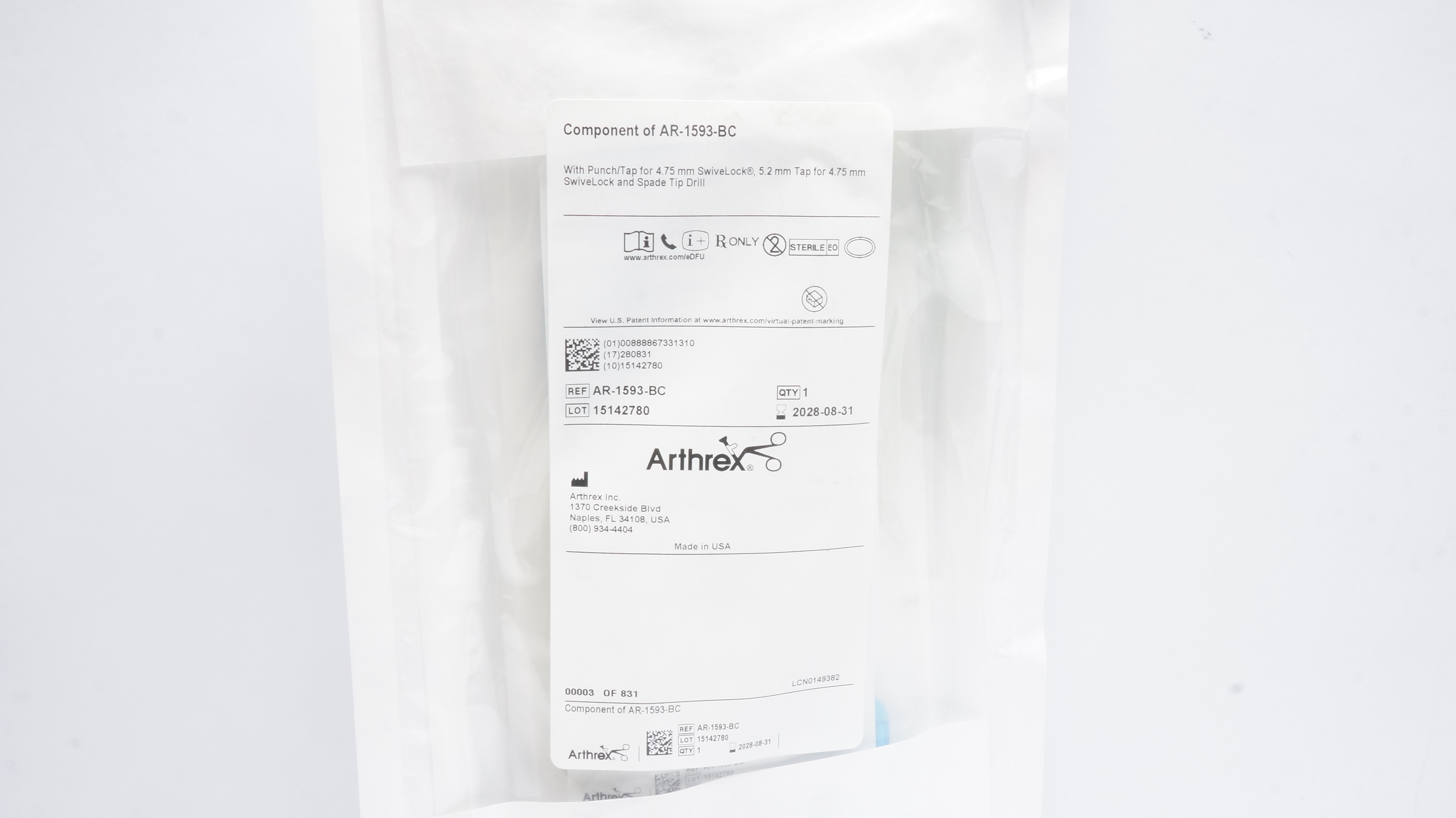 Arthrex AR-1593-BC Impant System Secondary Fixation W/Punch/Tap