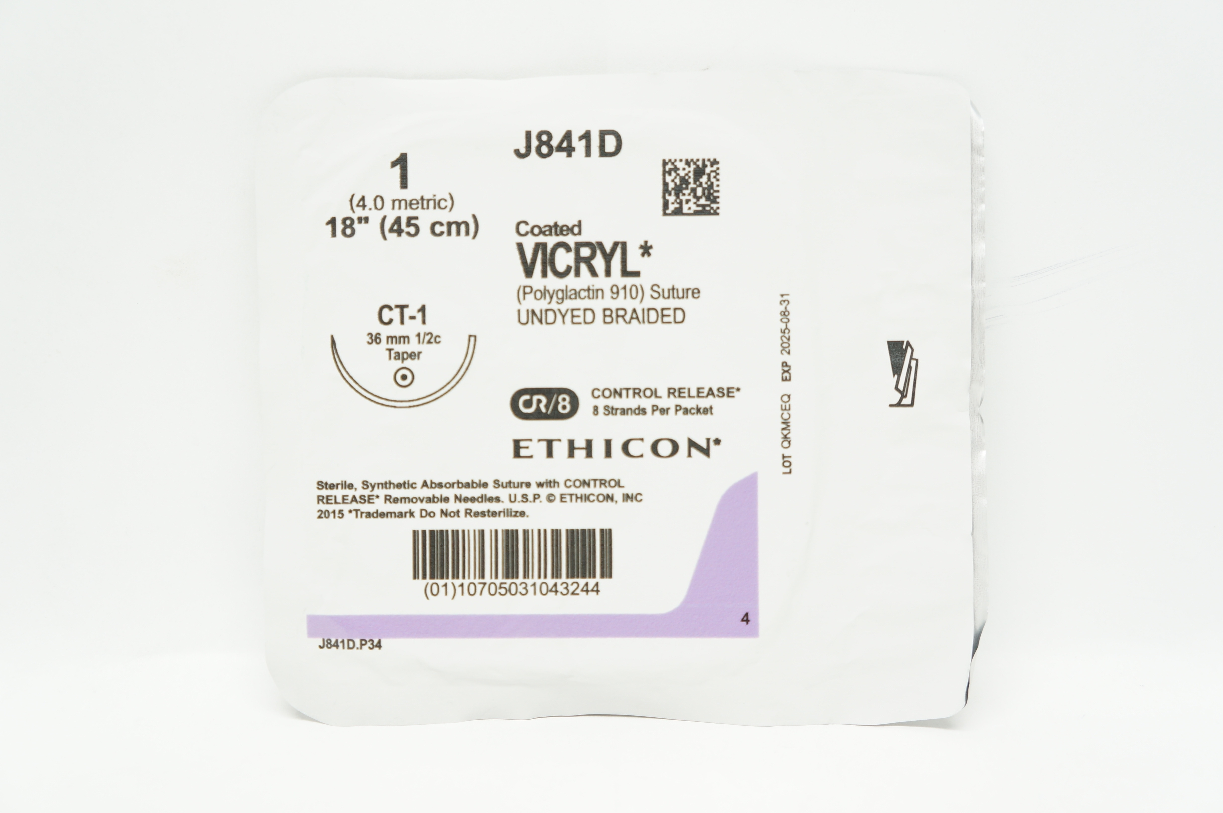 Ethicon J841D 1 Coated VICRYL Polyglactin Stre CT-1 36mm 1/2c Taper, 18inch