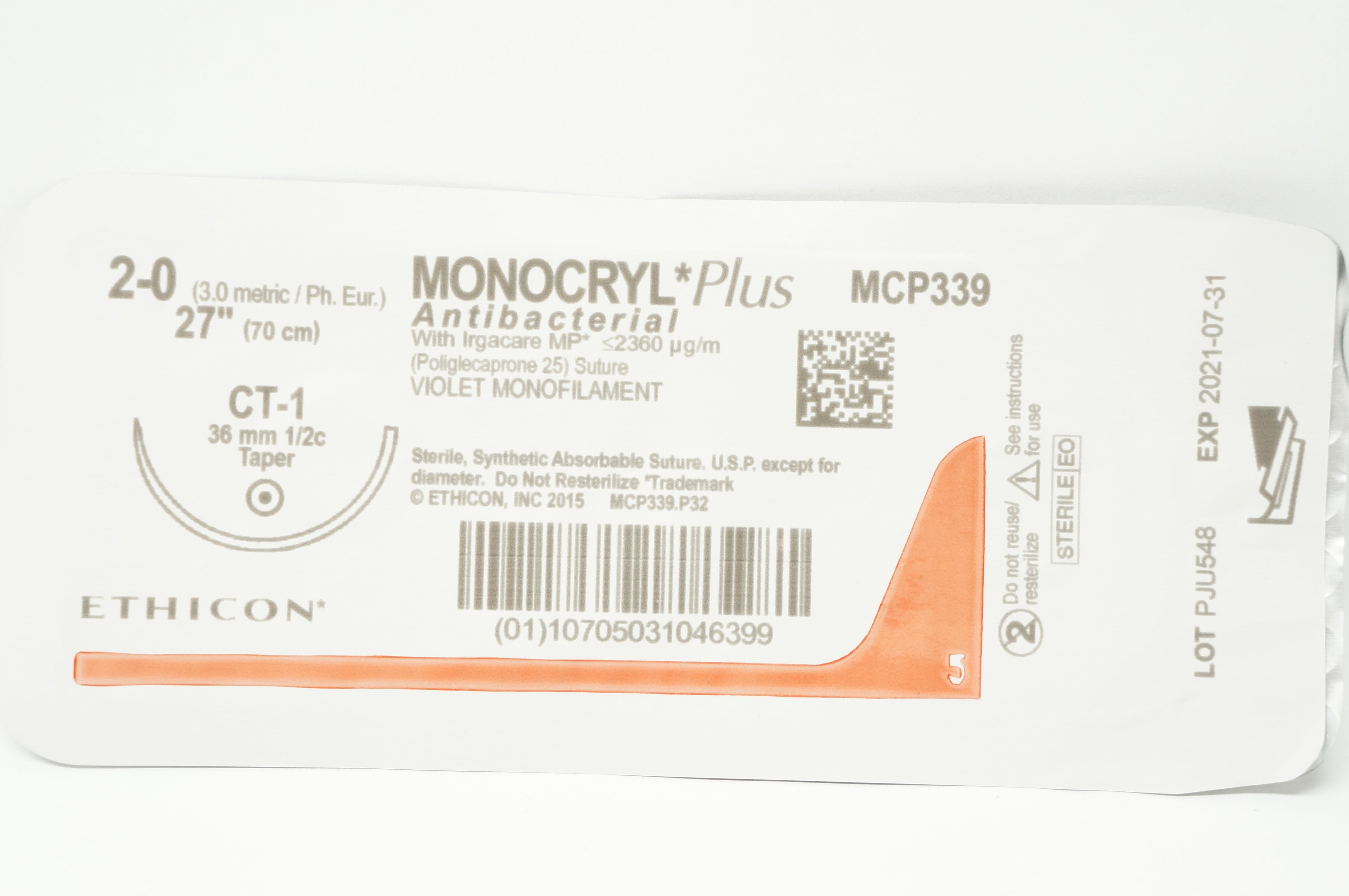 Ethicon MCP339 2-0 MONOCRYL Plus Stre CT-1 36mm 1/2c Taper, 27inch (x)
