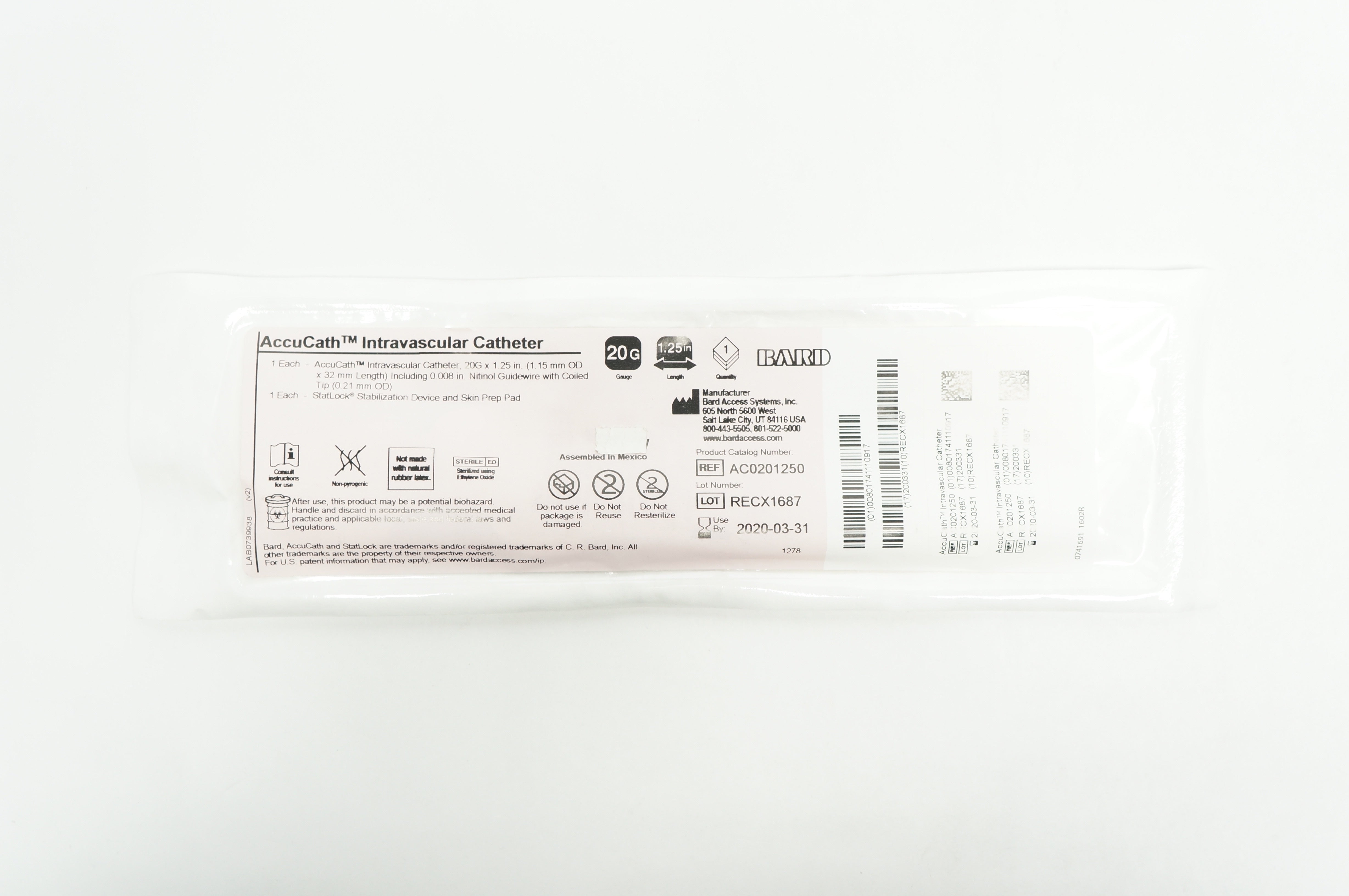 Bard AC0201250 AccuCath Intravascular Cath. 20G x 1.25 inch (x)