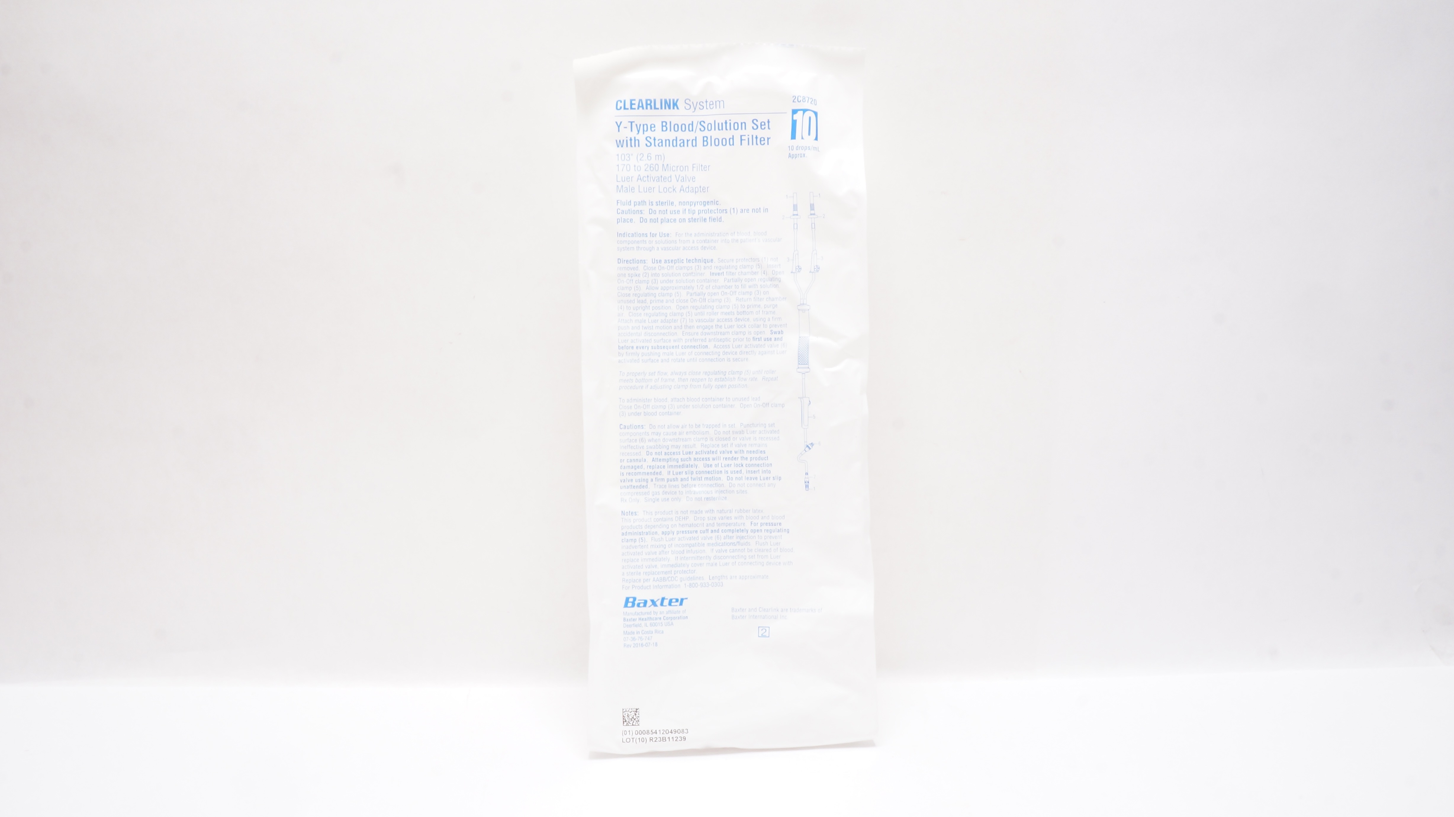 Baxter 2C8720 Clearlink Y-Type Blood/Solution Set w/ Filter 103inch 10Drops/mL