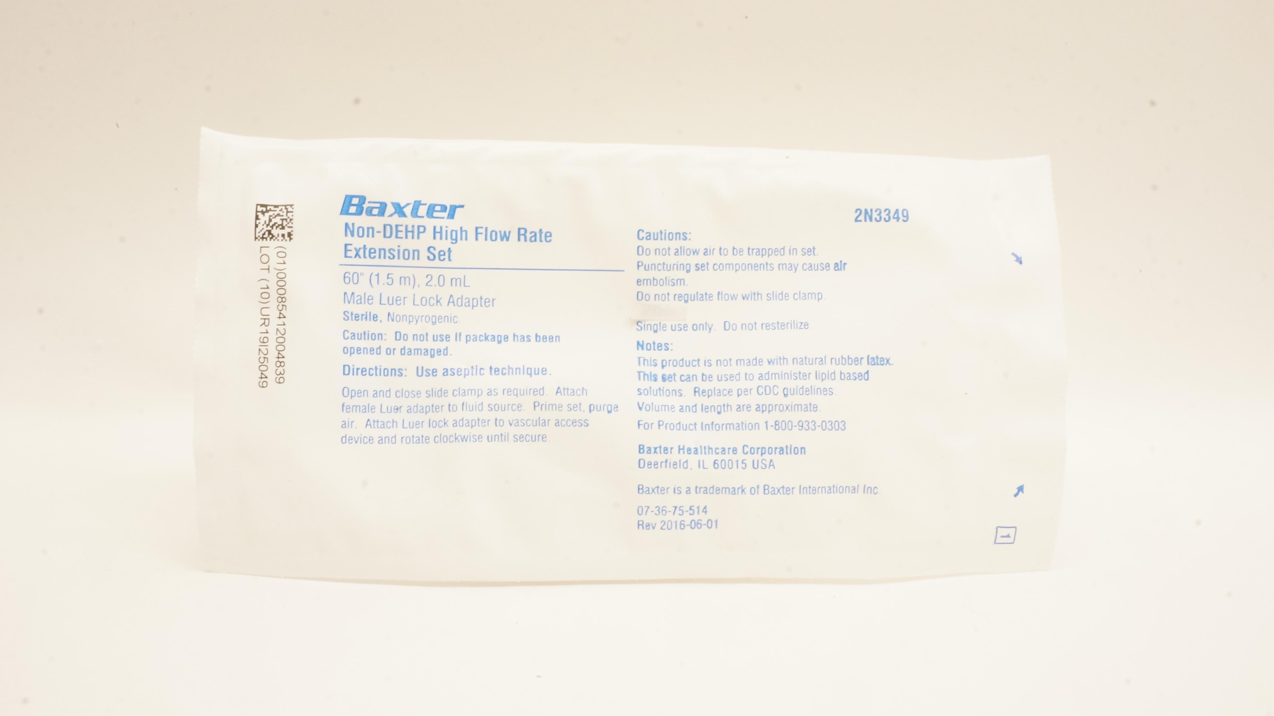 Baxter 2N3349 Non-DEHP High Flow Rate Extension Set 60inch x 2.0mL