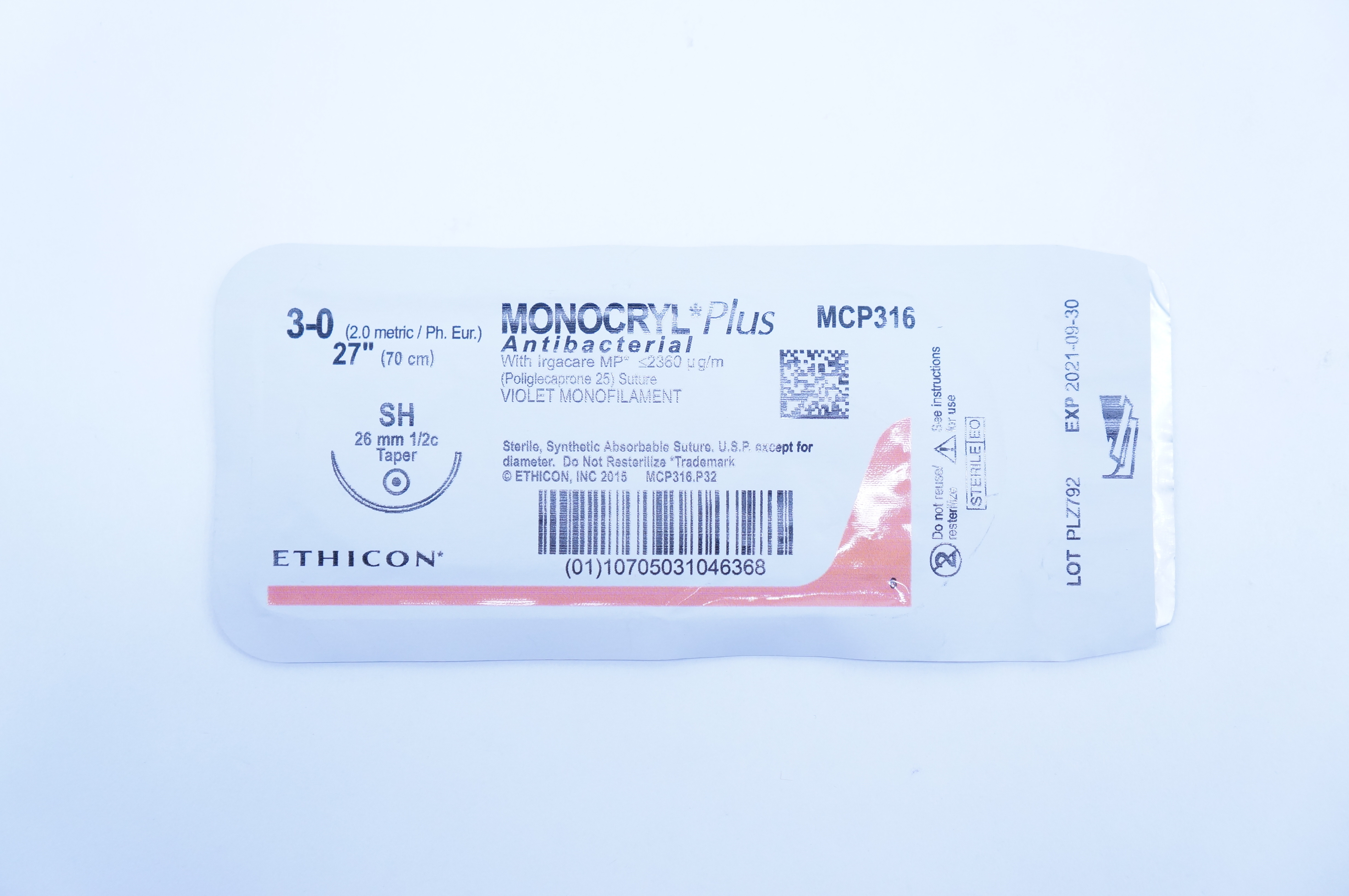 Ethicon MCP316 3-0 MONOCRYL Plus, SH, 26mm 1/2c Taper, 27inch