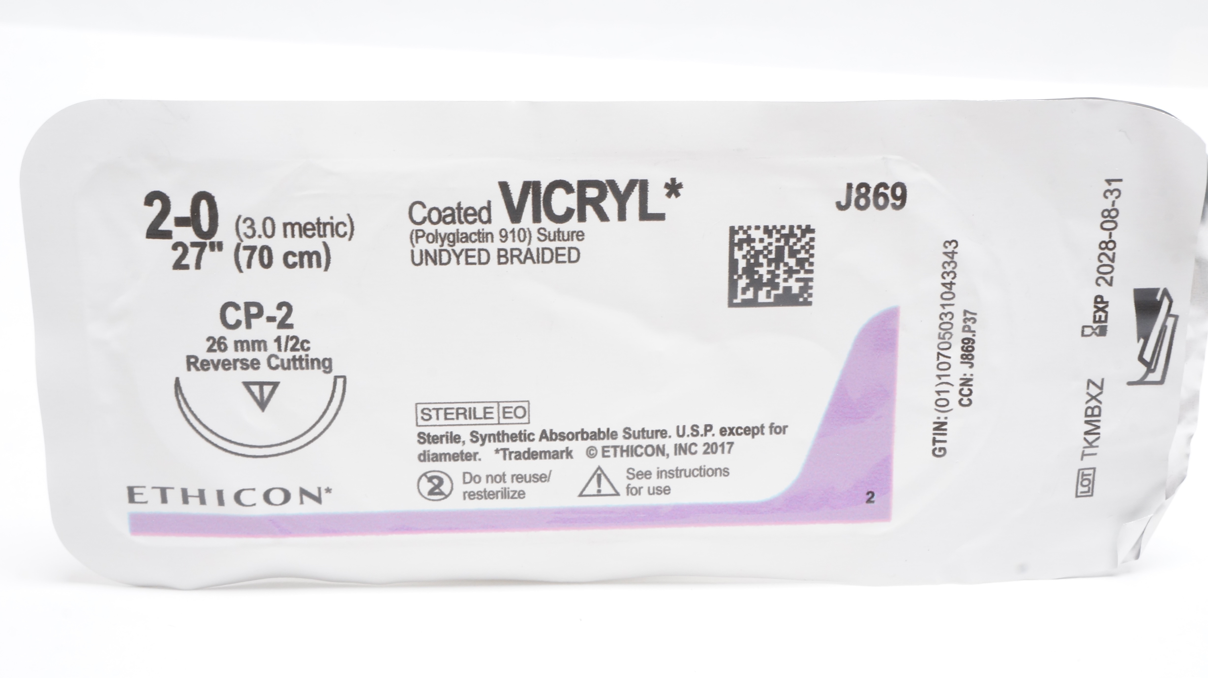 Ethicon J869 2-0 Coated Vicryl Stre CP-2 26mm 1/2c Reverse Cutting 27inch