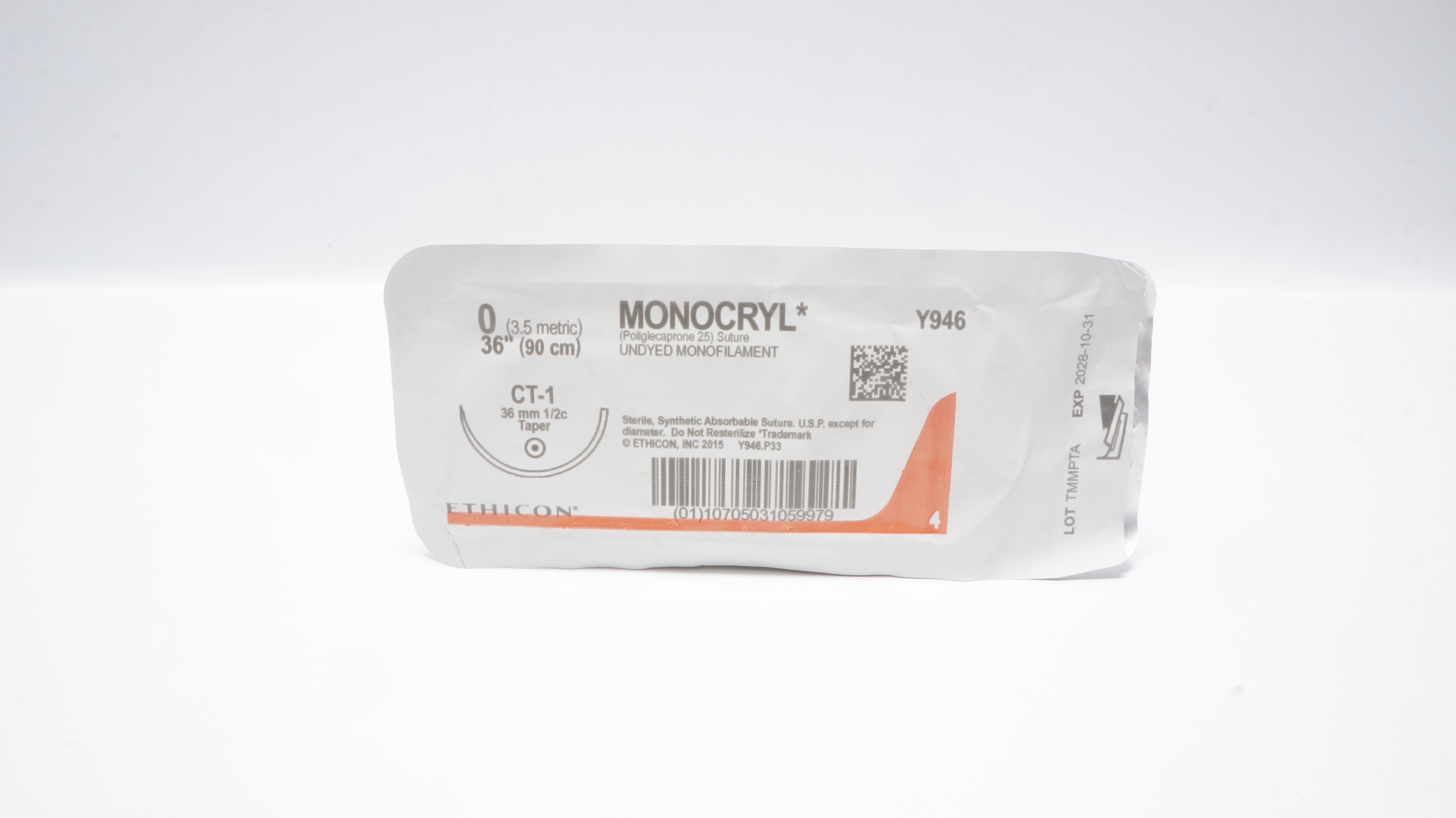 Ethicon Y946 0 MONOCRYL Undyed Monofilament Stre CT-1 36mm 1/2c Taper, 36inch