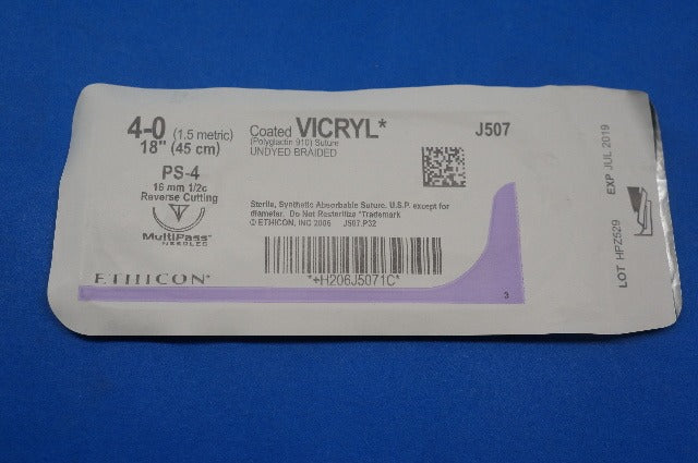 Ethicon J507 4-0 VICRYL, PS-4 16mm 1/2c Reverse Cutting, Undyed Braided, 18