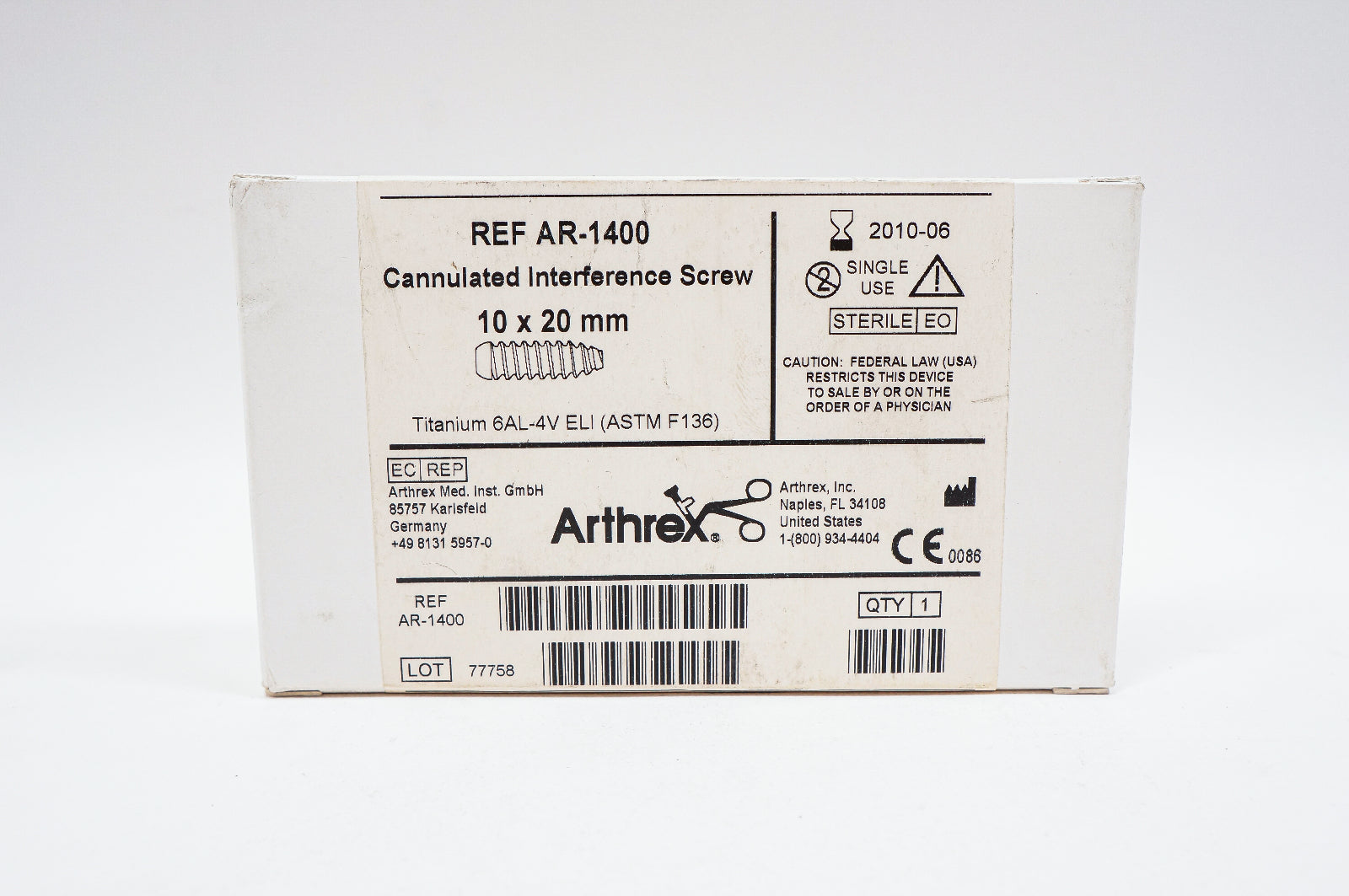 Arthrex AR-1400 Cannulated Interference Screw 10 x 20mm (x)