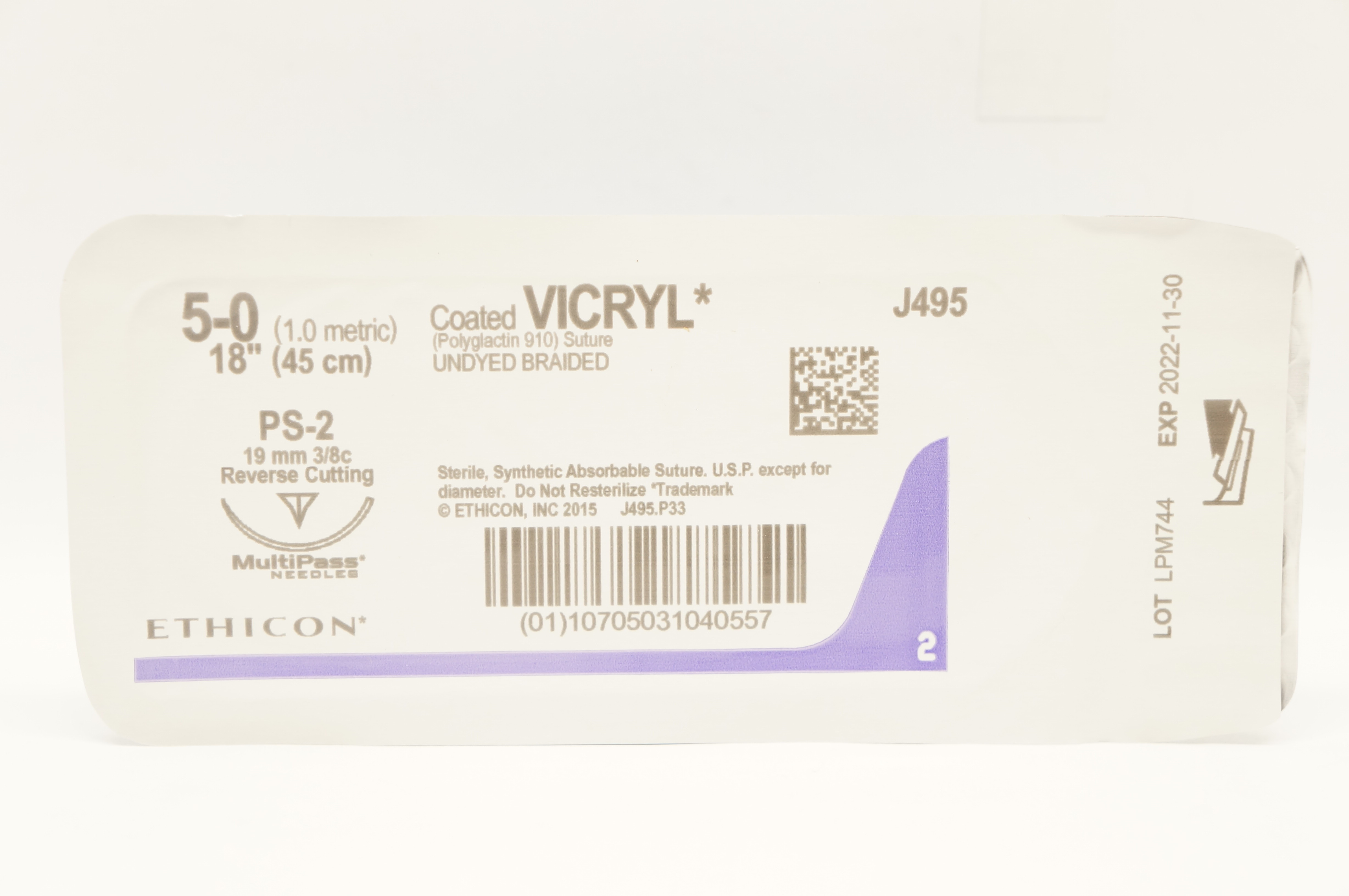 Ethicon J495 5-0 Coated Vicryl Stre PS-2 19mm 3/8c Reverse Cutting, 18inch