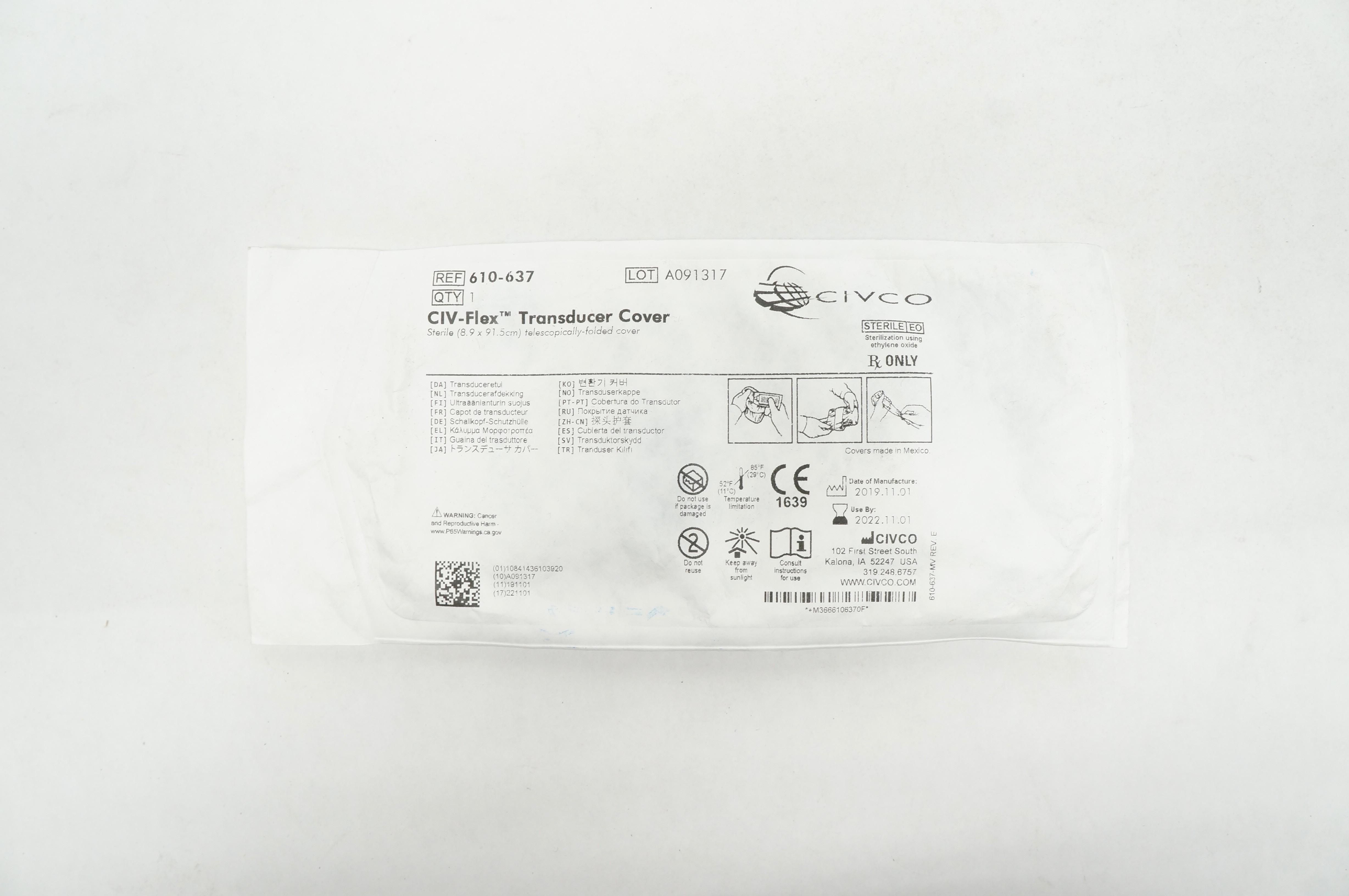 Civco 610-637 CIV-Flex Transducer Cover Sterile 8.9 x 91.5 cm