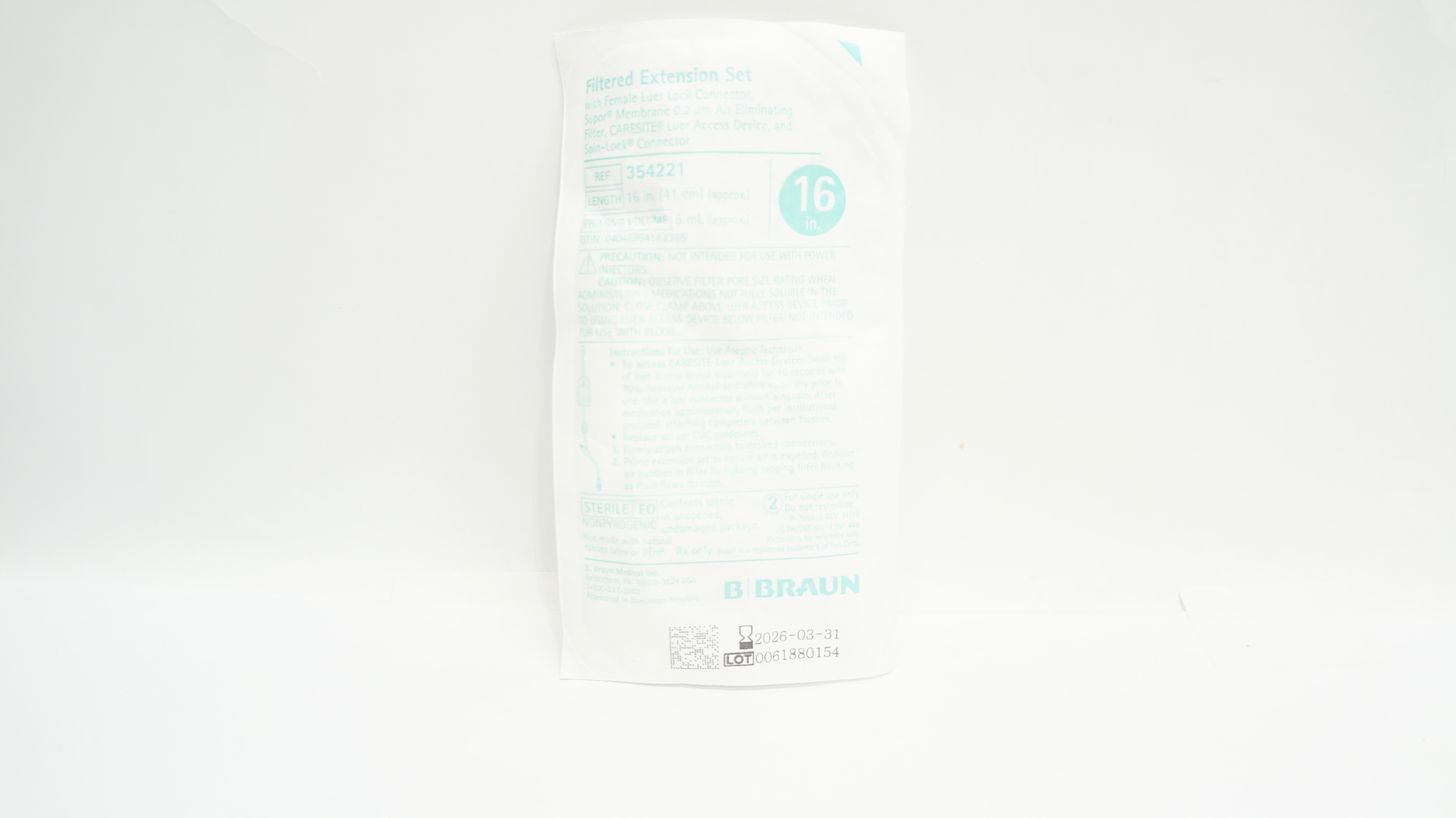 Braun 354221 Filtered Extension Set w/Female Luer Lock Connector 16inch x 5mL