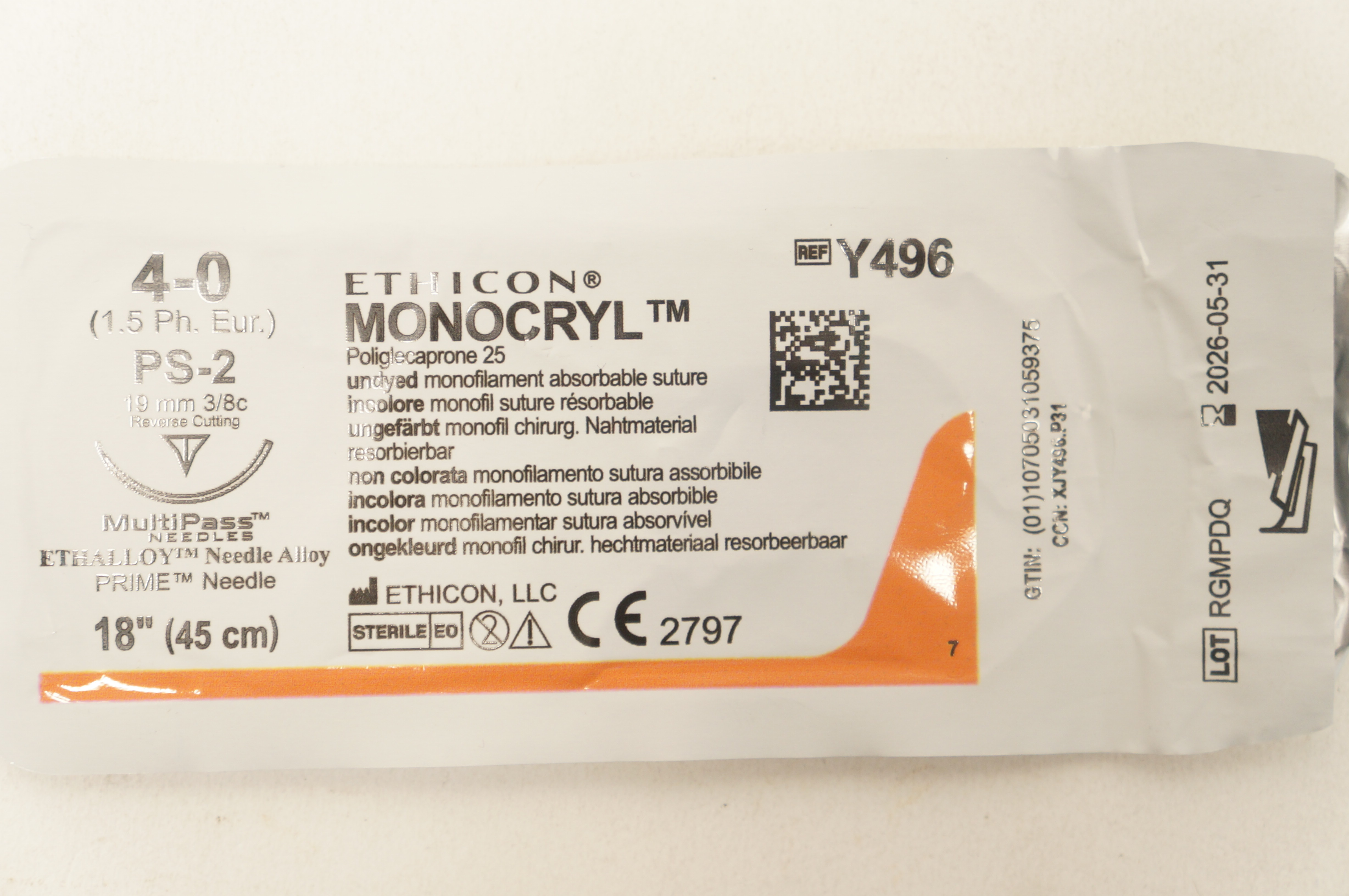 Ethicon Y496 4-0 Monocryl Undyed Stre PS-2 19mm 3/8c Reverse Cutting 18 inch