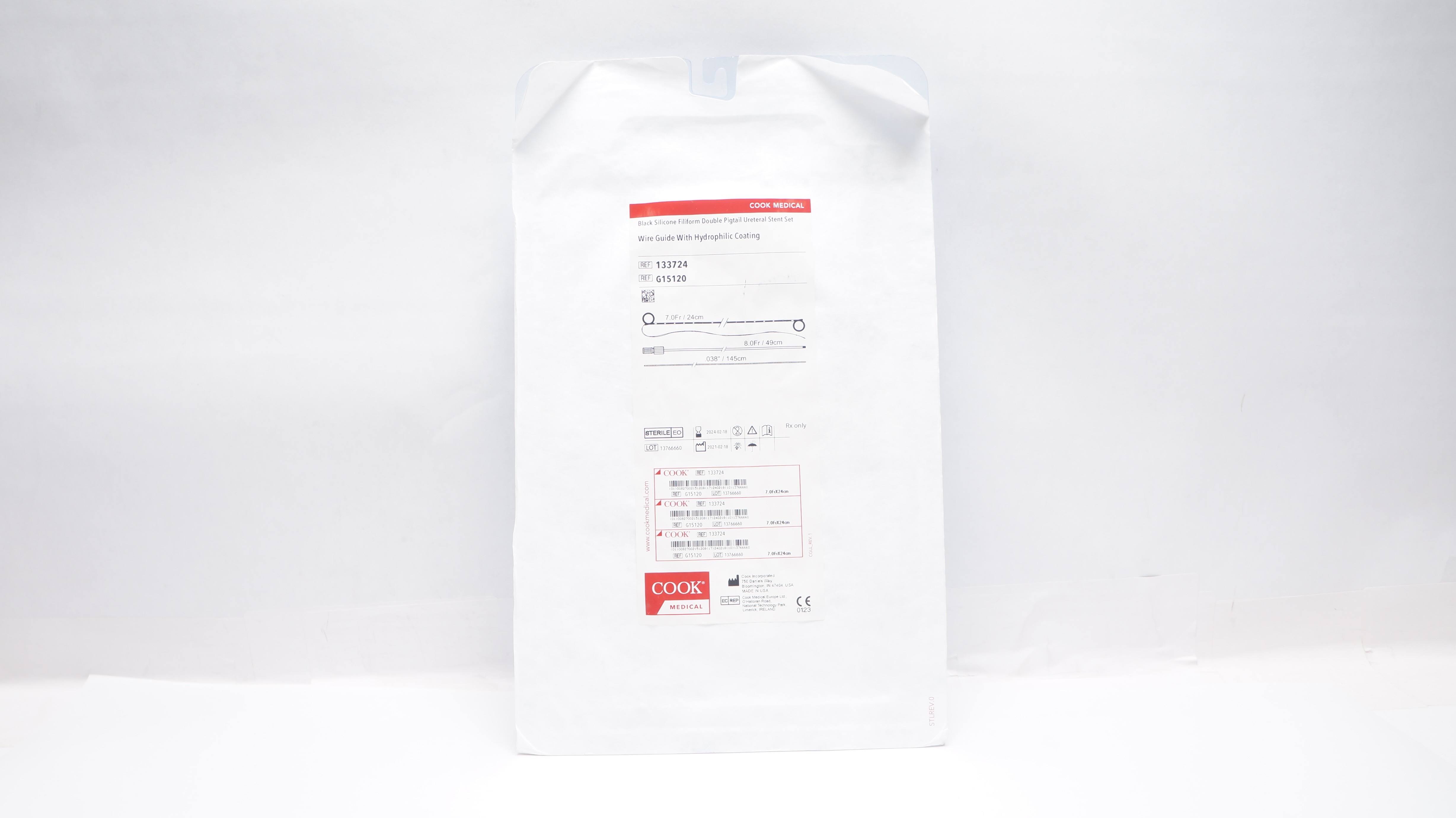 Cook Medical G15120 Ureteral Stnt Set 7.0Fr/24cm 8.0Fr/49cm .038inch/145cm (x)