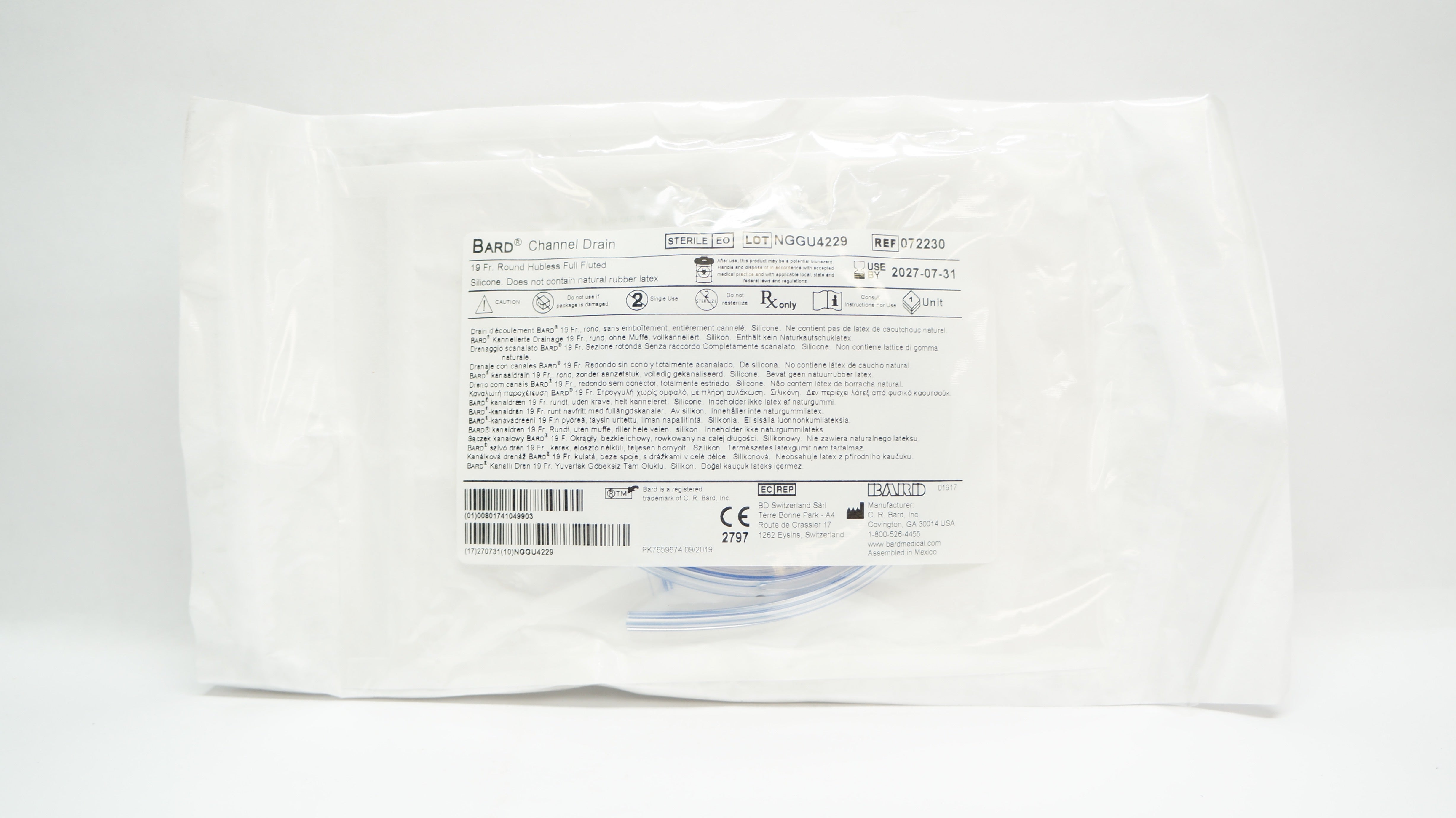 Bard 072230 Channel Drain Round Hubless Full Fluted Silicone 19 Fr.