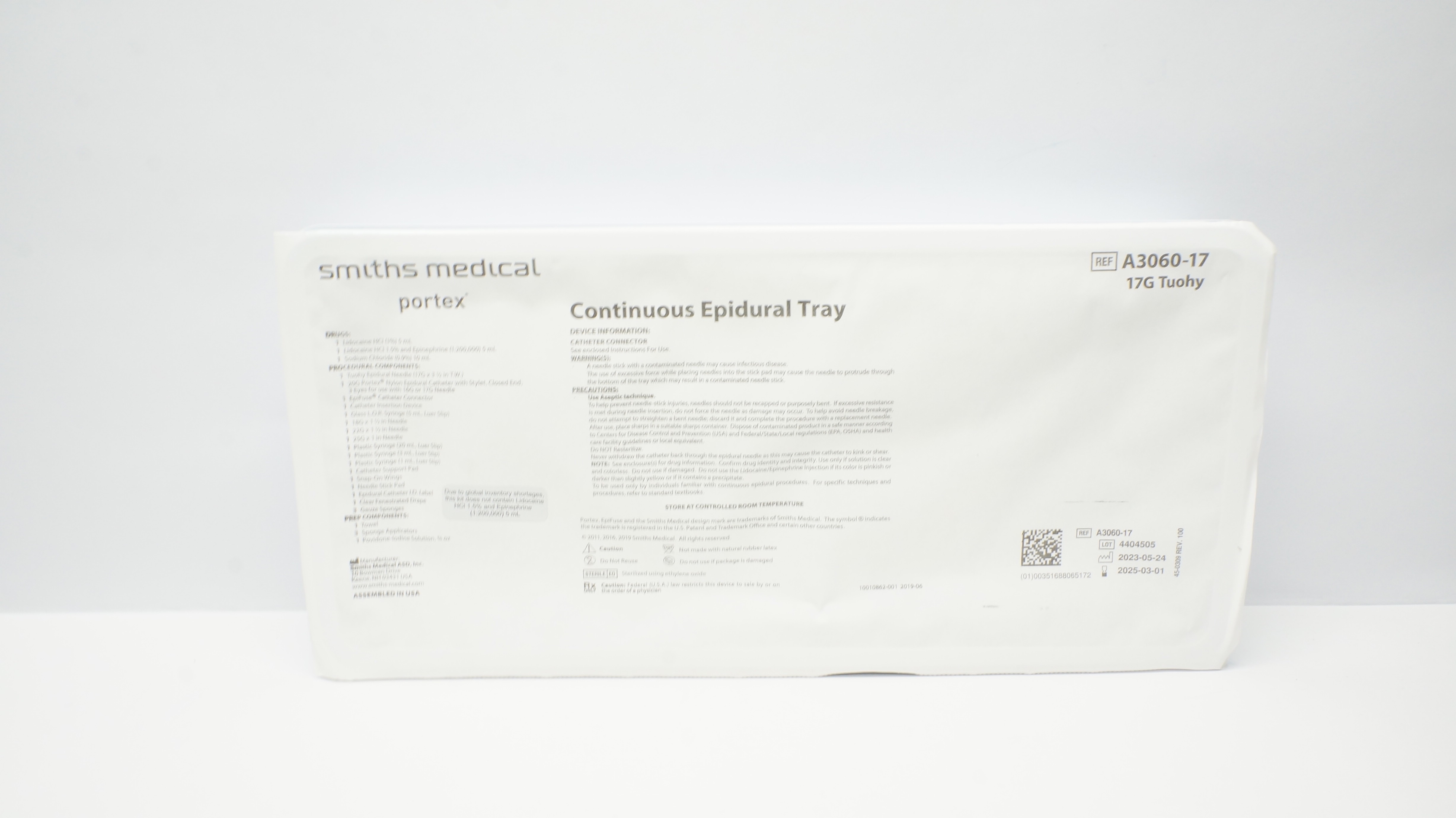 Smiths Medical A3060-17 Portex Continuous Epidural Tray, 17G Tuohy