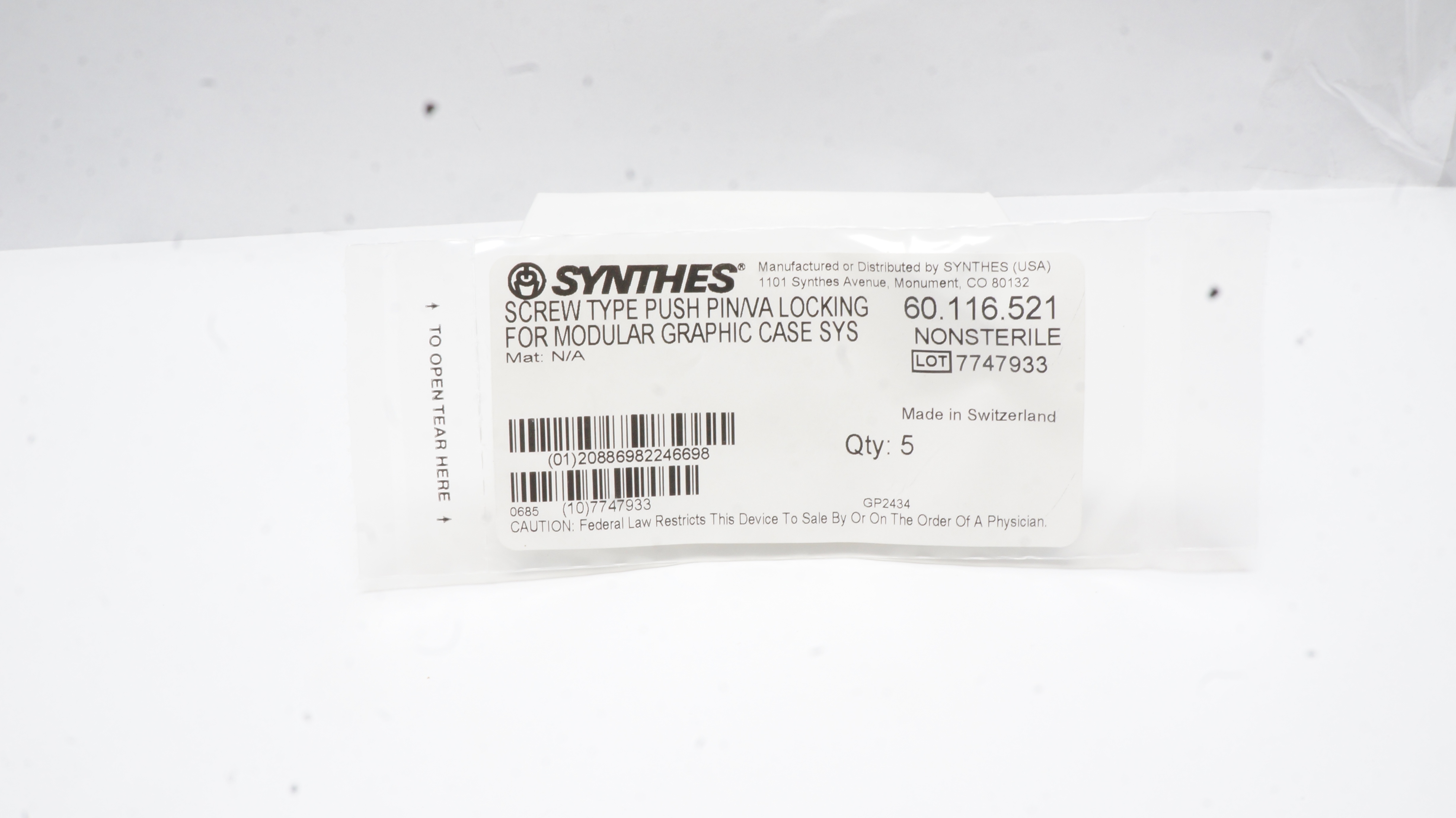 Synthes 60.116.521 Screw Type PushPin/VA Locking - Box of 5