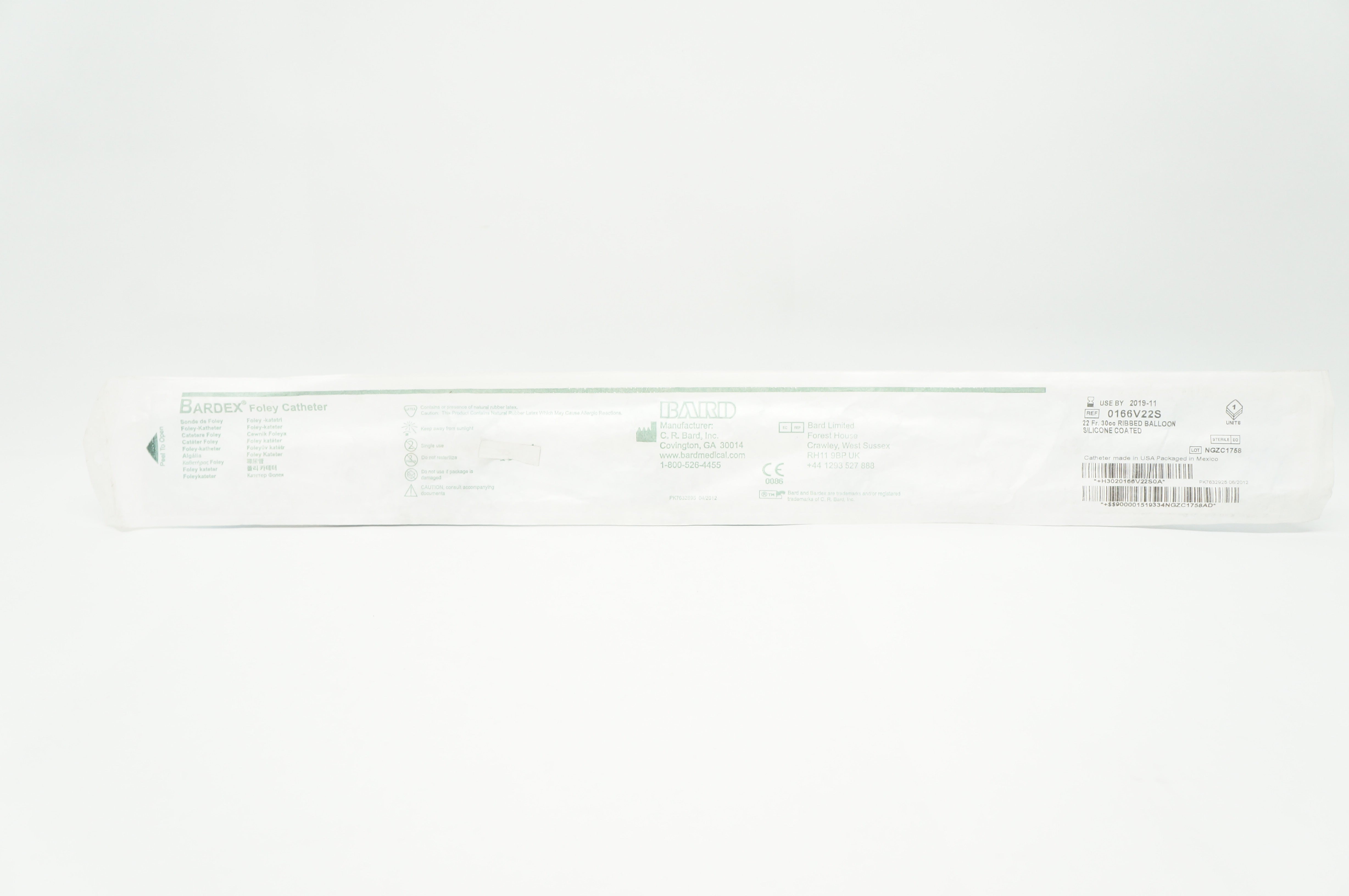 Bard 0166V22S Foley Cath 22Fr. 30cc Ribbed Balloon Silicone Coated (x)