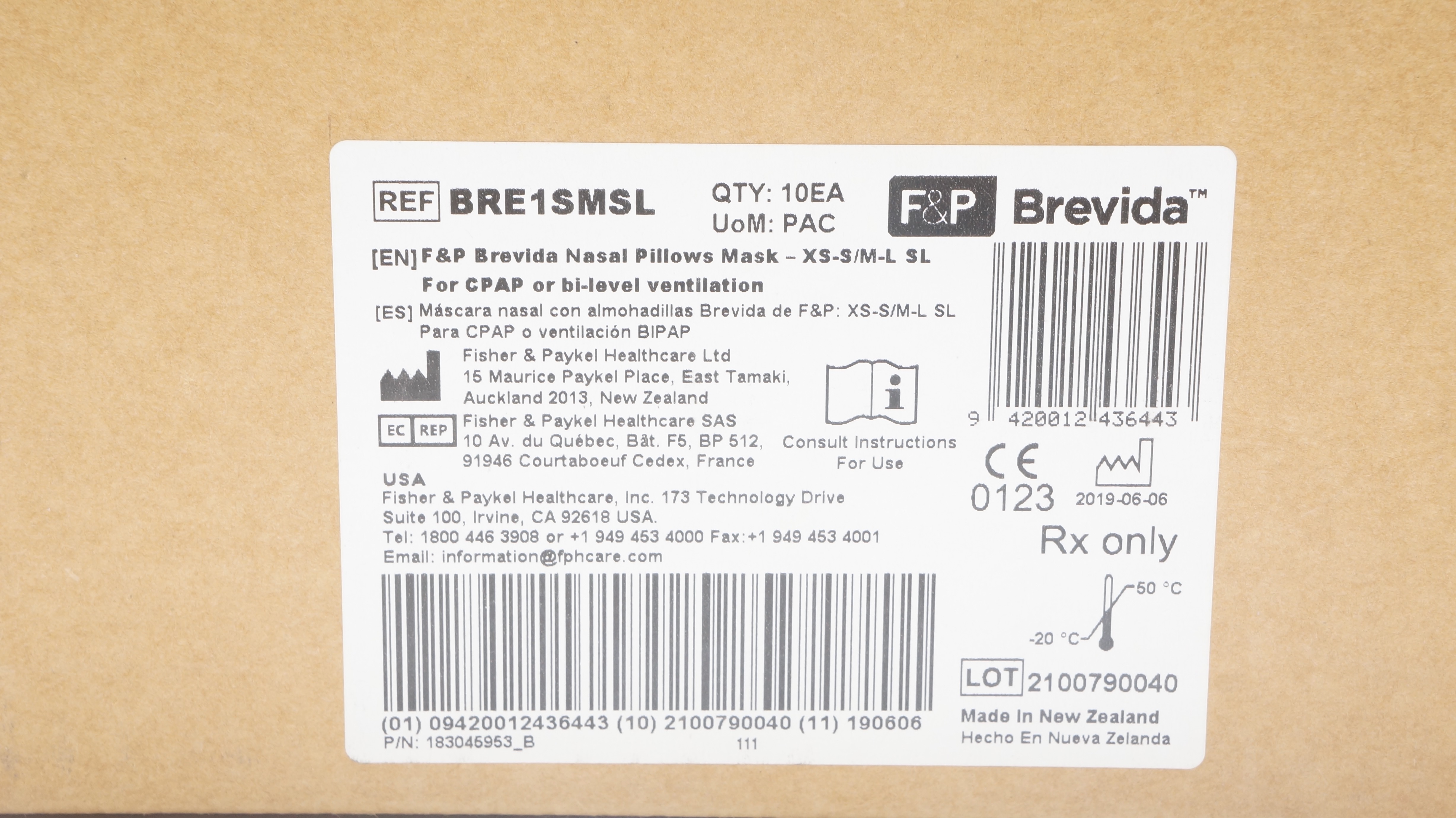 Fisher&Paykel BRE1SMSL Brevida Nasal Pillows Mask -XS-S/M-L SL - Case of 10