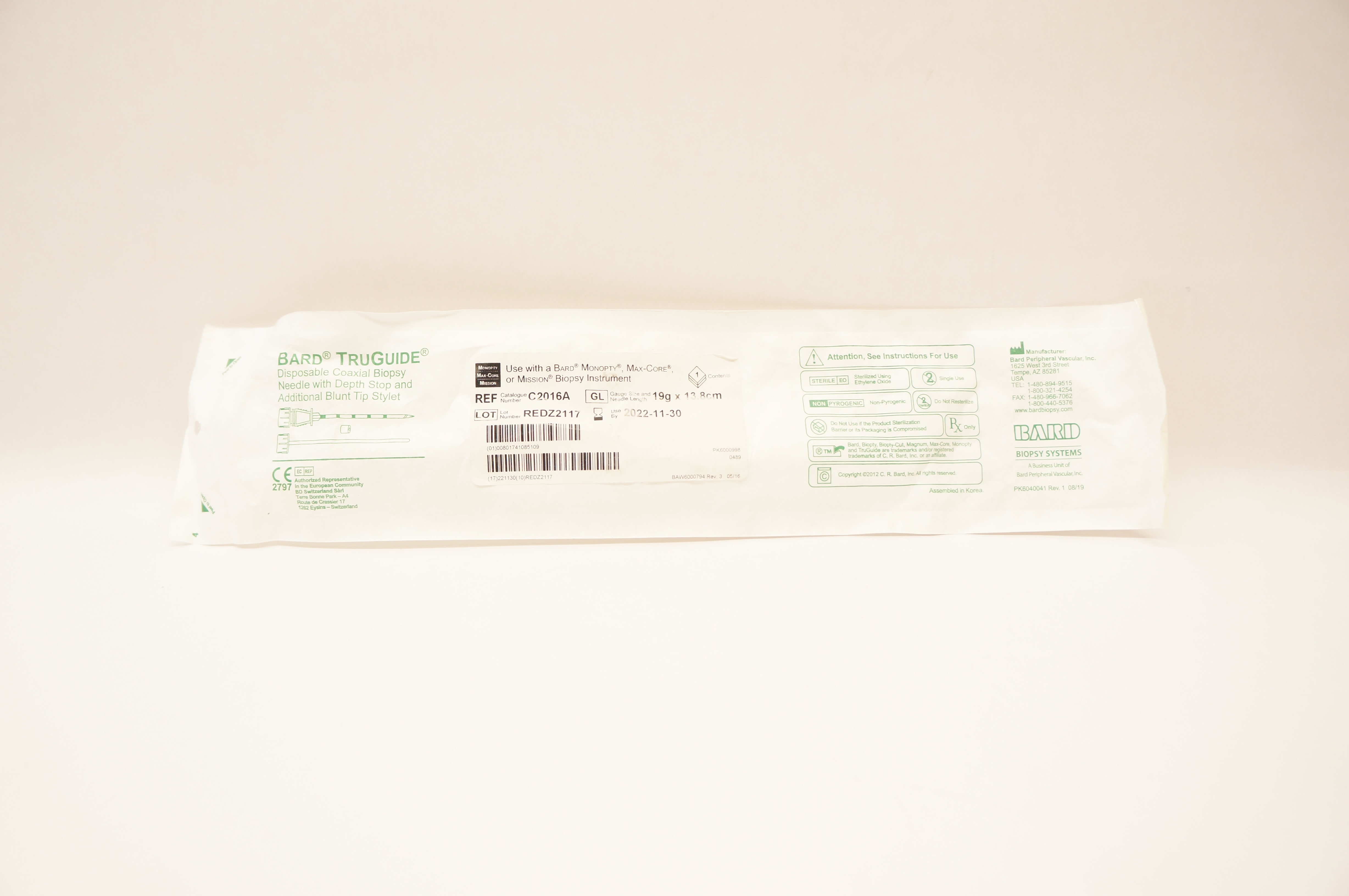 Bard C2016A TruGuide Disposable Coaxial Biopsy Ndle 19g x 13.8cm (x)