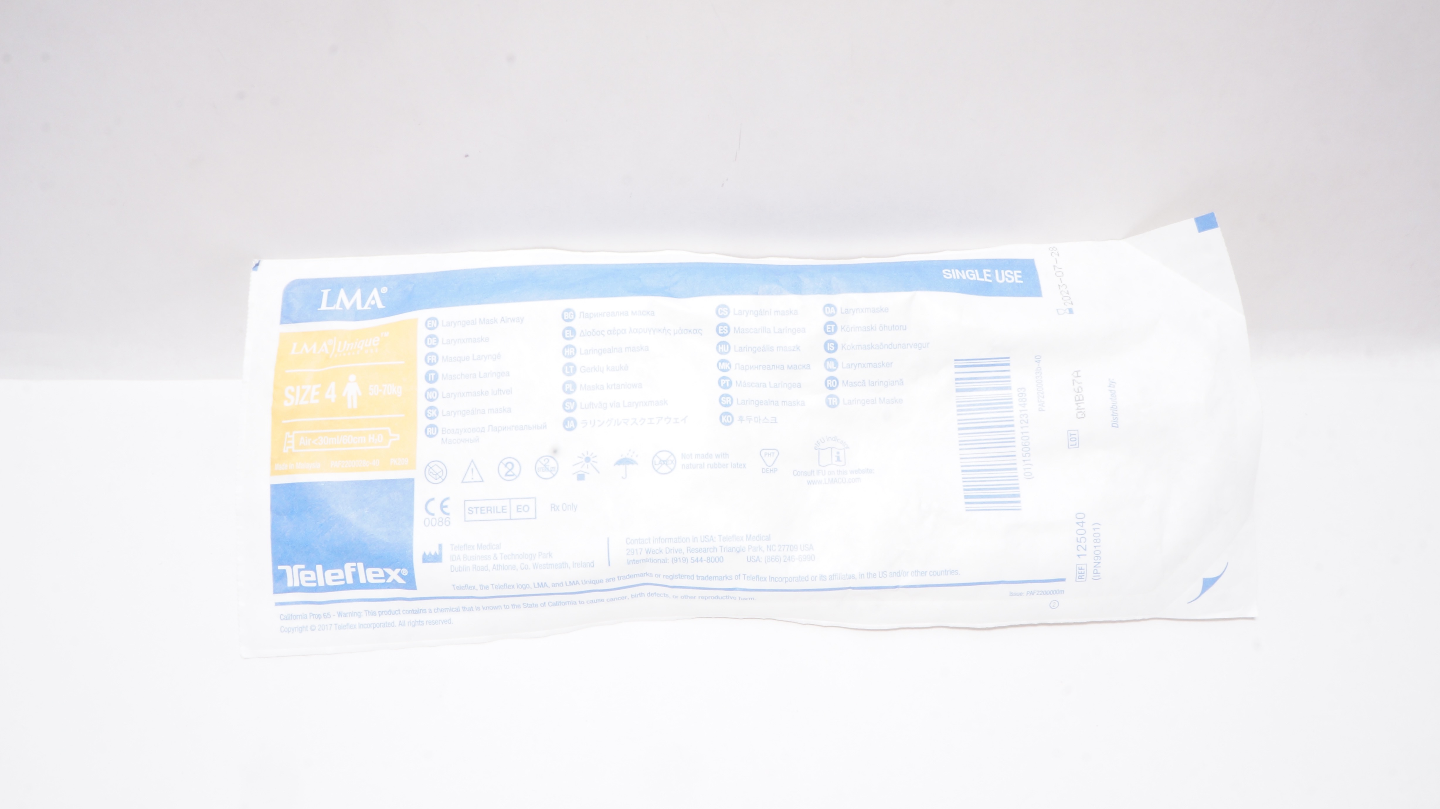 Teleflex 125040 LMA Laryngeal Mask Airway, Size 4 50-70kg Air <30ml/60cm H2O (x)