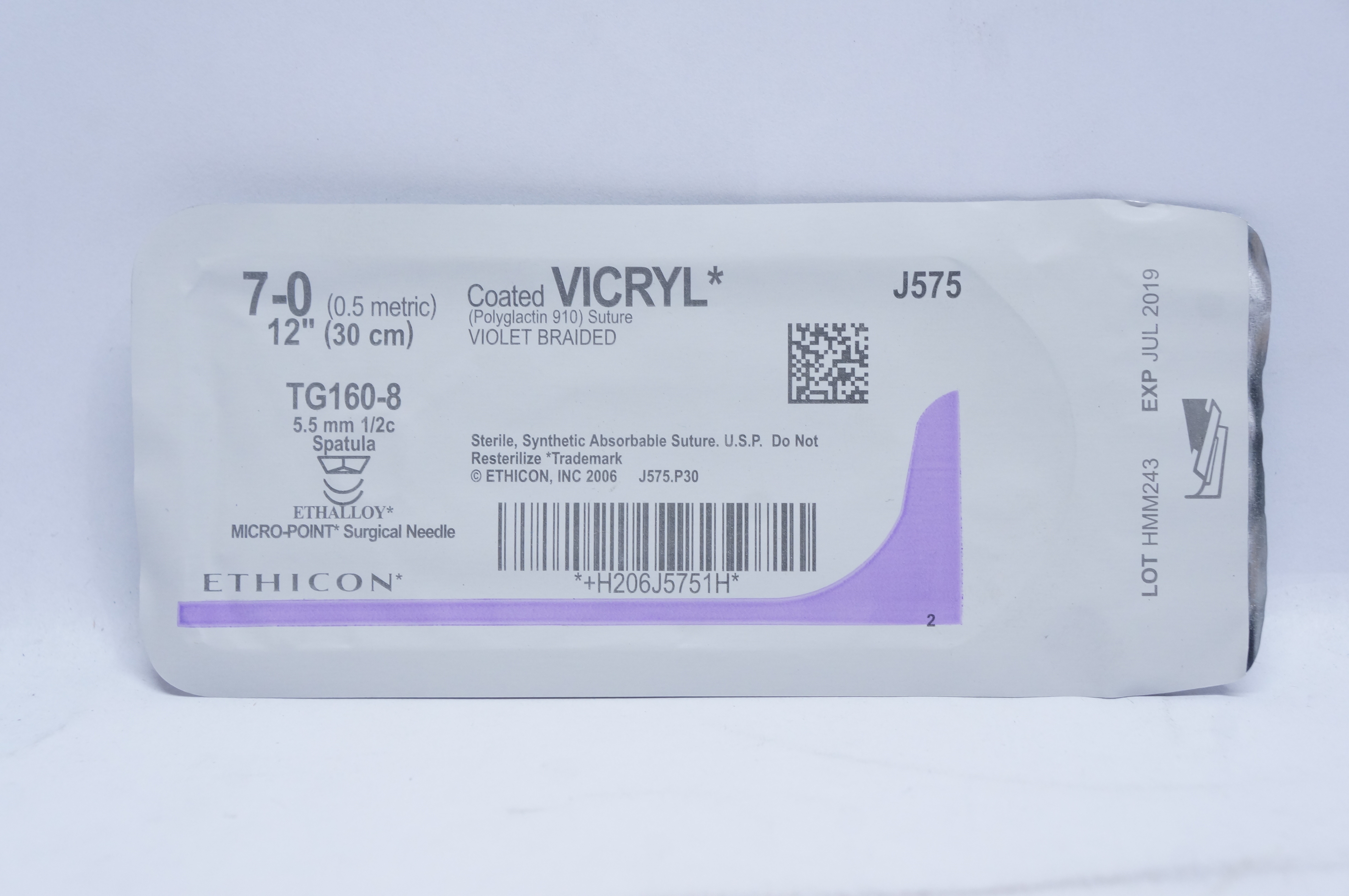 Ethicon J575 7-0 VICRYL, TG160-8, 5.5mm 1/2c Spatula, 12inch (x)