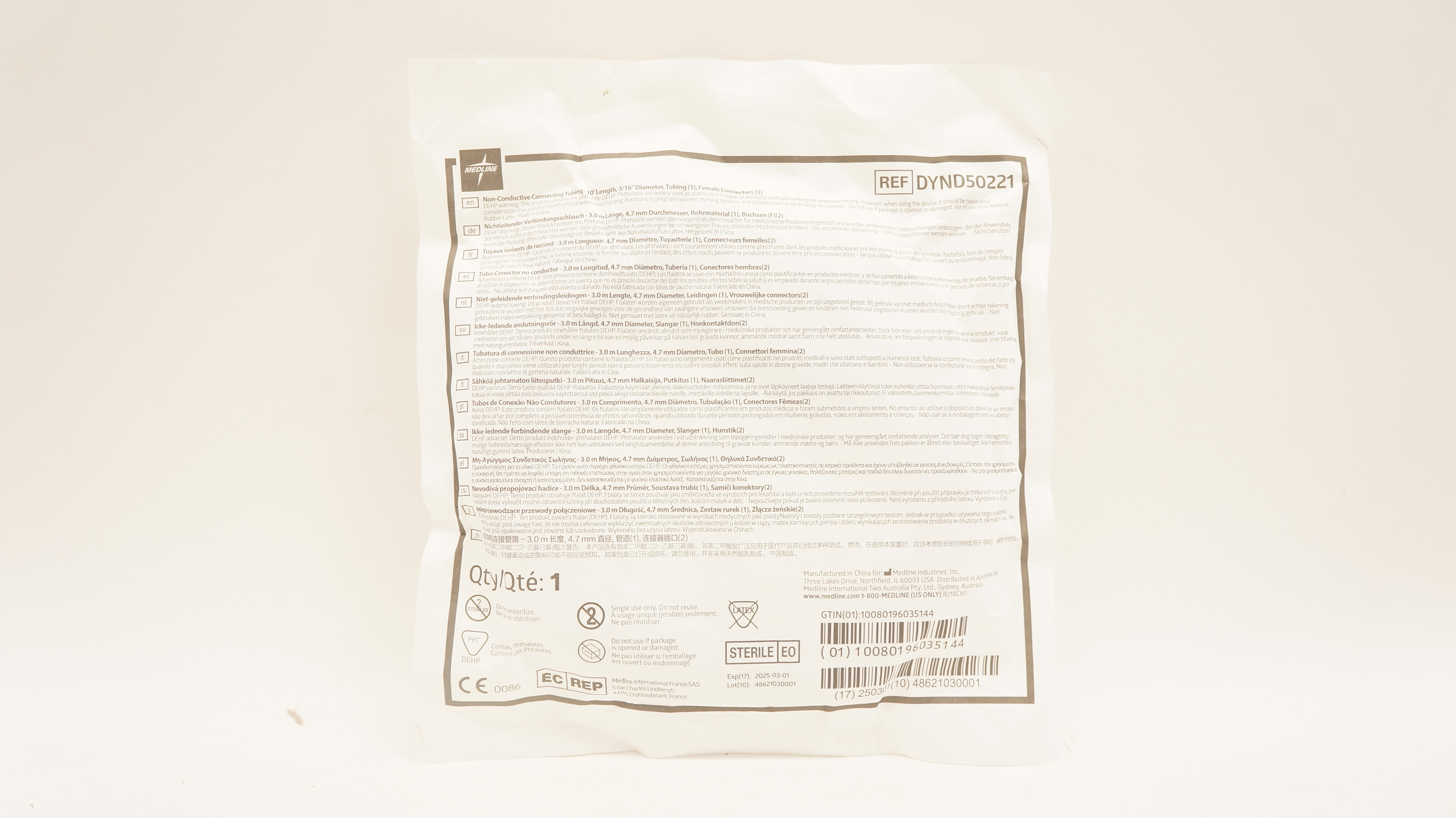 Medline DYND50221 Non-Conductive Connecting Tubing 20 inch Length Diam 3/16inch