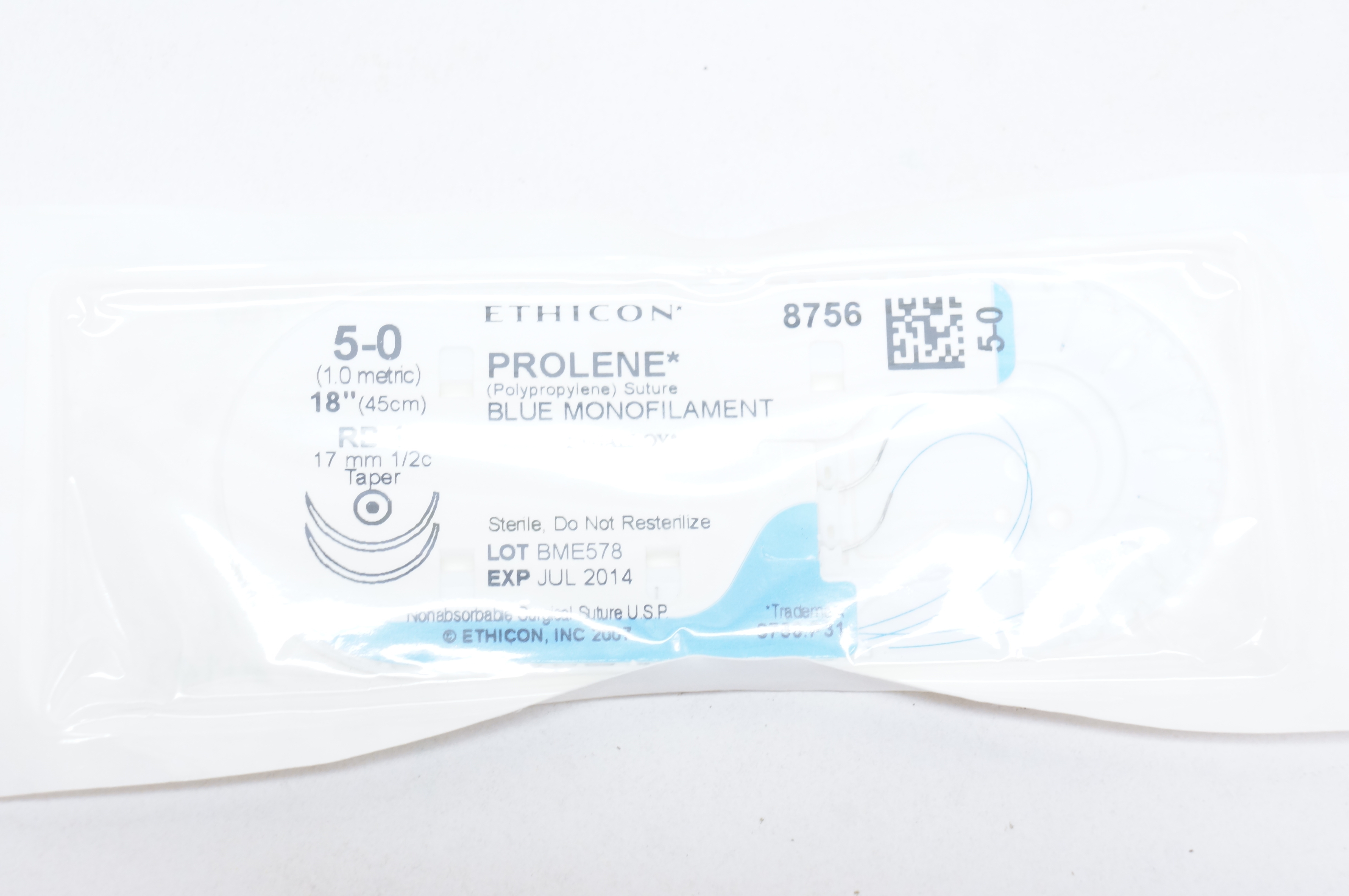 Ethicon 8756 5-0 PROLENE, RB-1, 17mm 1/2c Taper, 18inch (x)