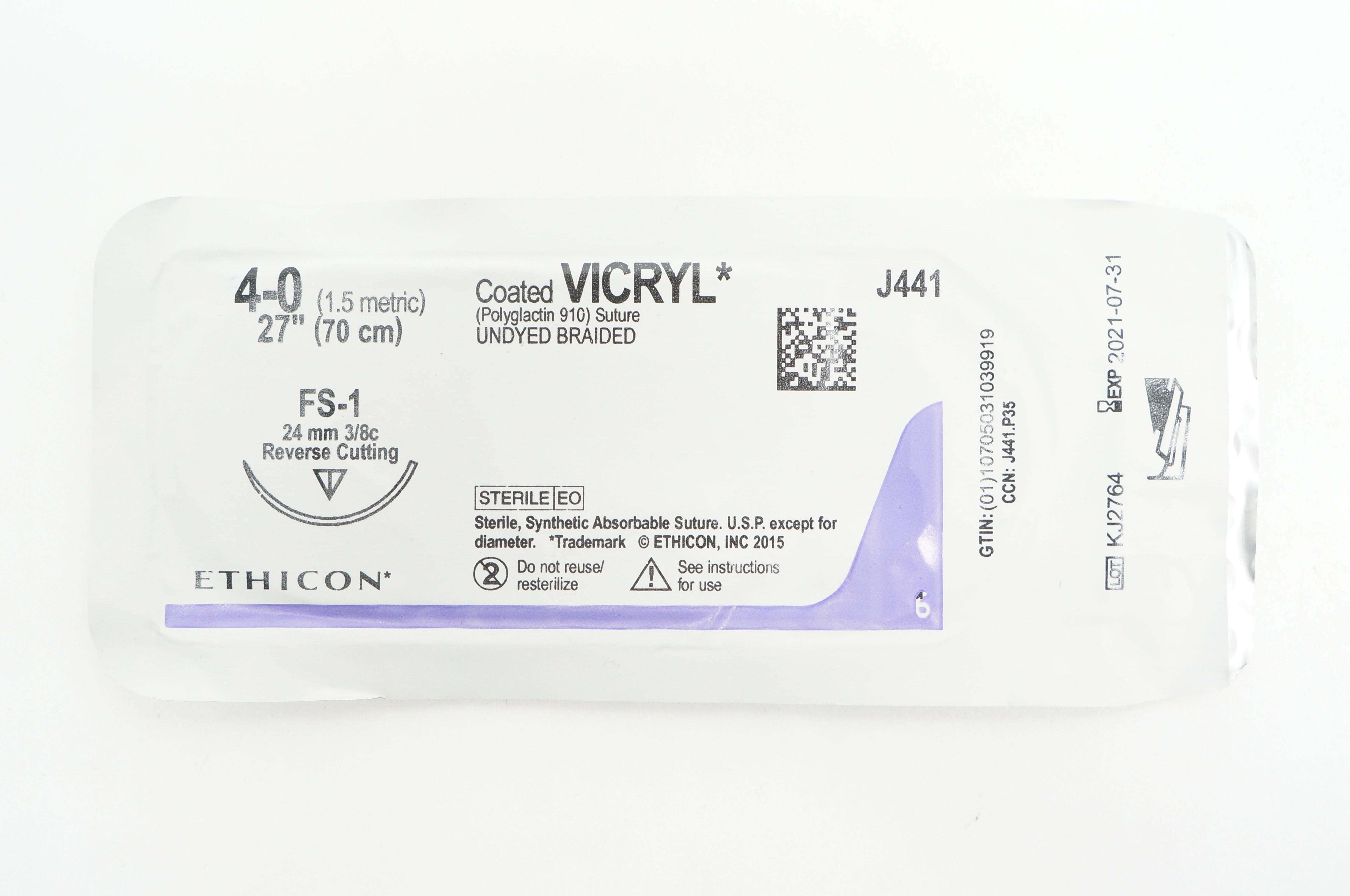 Ethicon J441 4-0 Coated VICRYL FS-1 24mm 3/8c Reverse Cutting, 27inch(x)