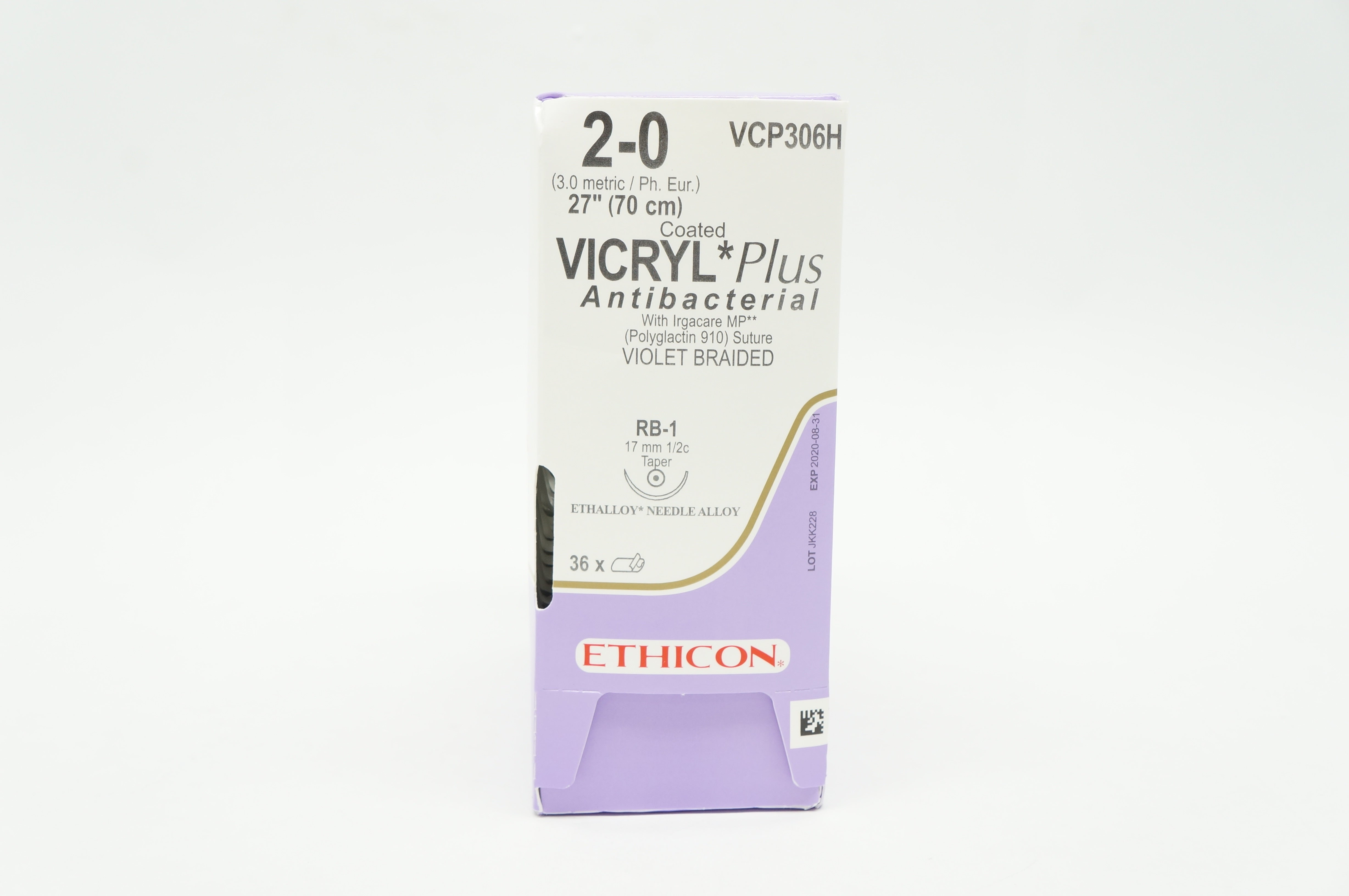 Ethicon VCP306H 2-0 VICRYL Plus RB-1, 17mm 1/2c Taper, 27inch (x) - Pack of 36