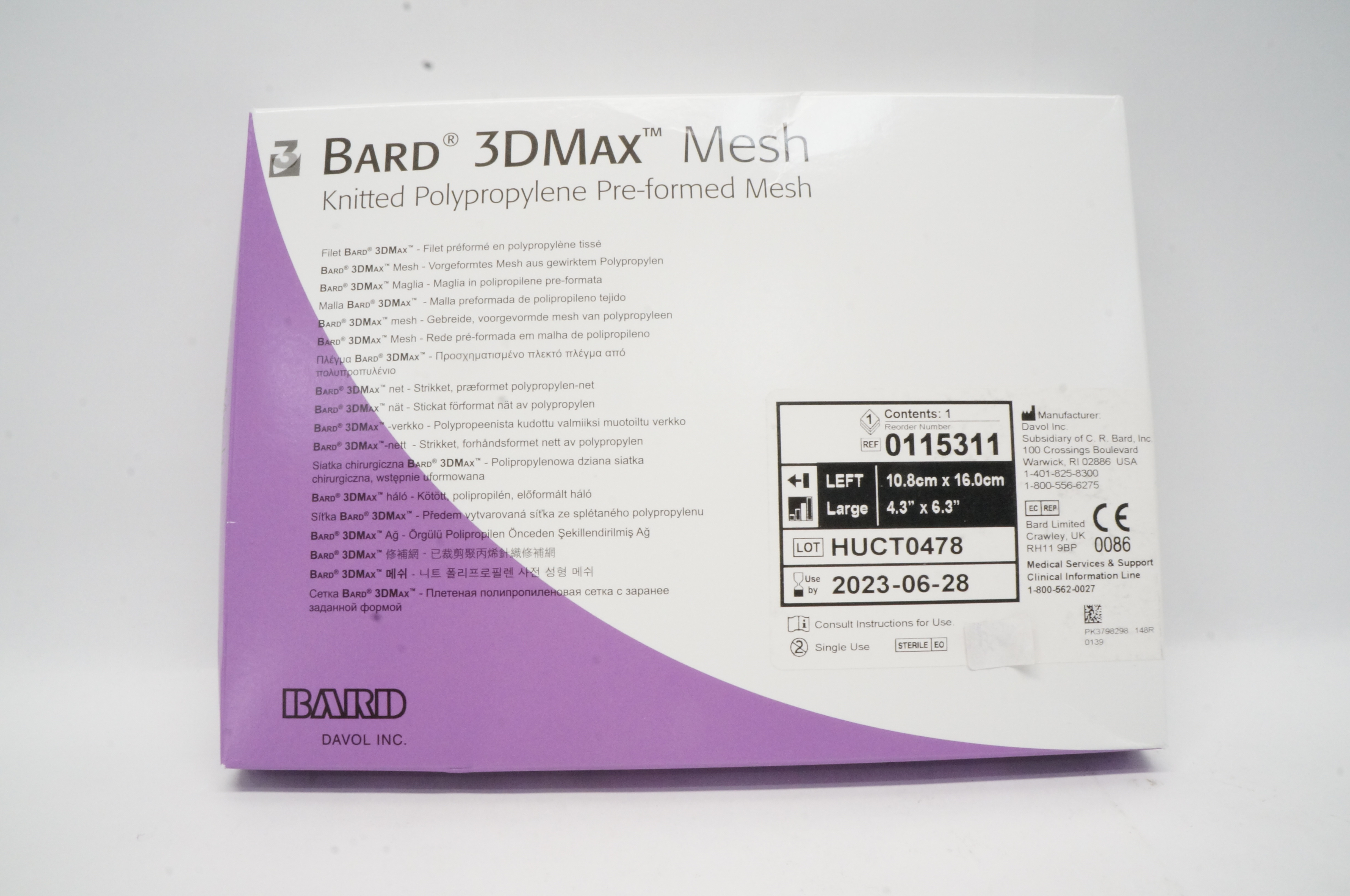 Bard 0115311 3DMax Knitted Polypropylene Pre-formed Mesh 4.3 x 6.3 inch