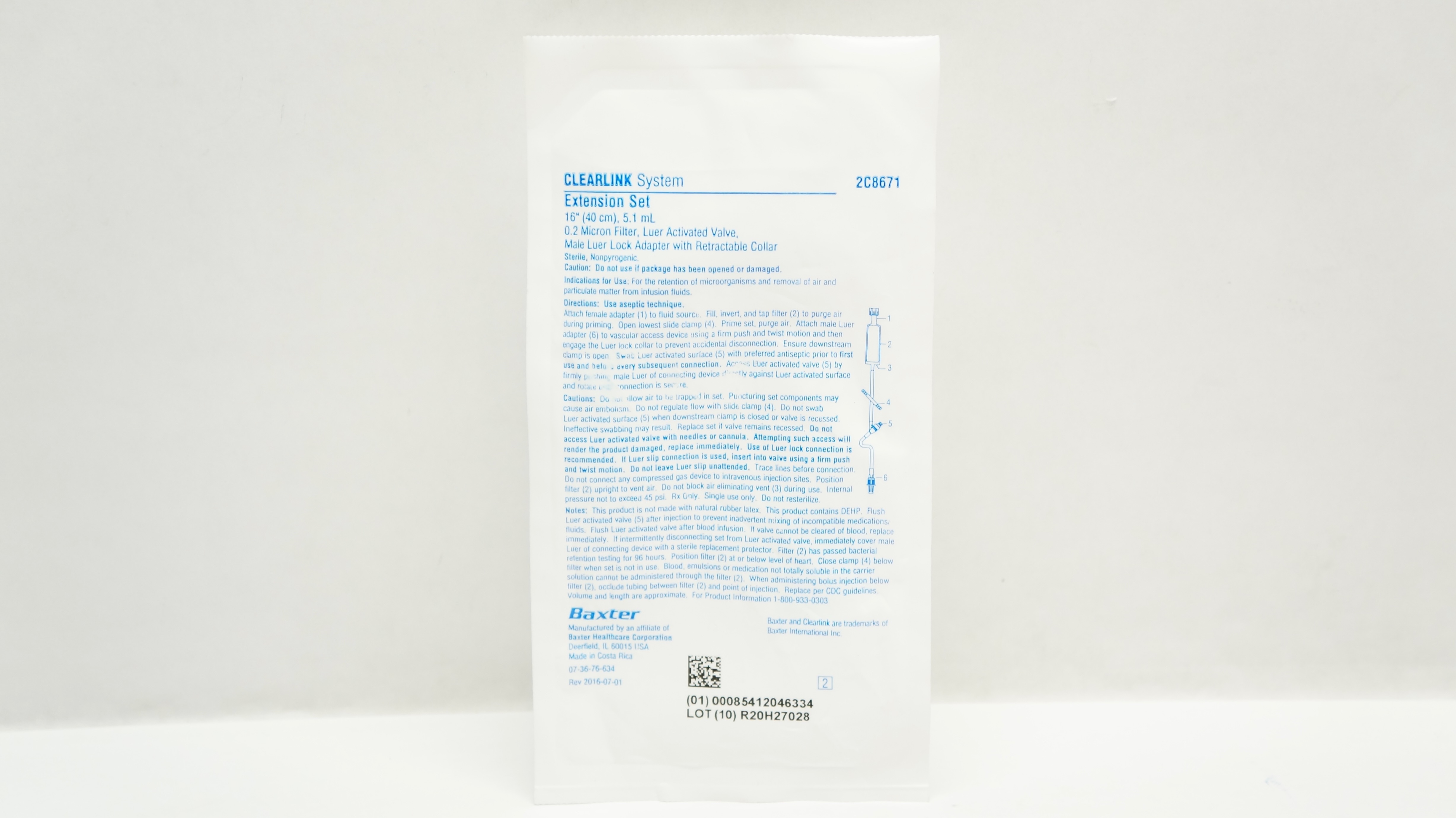 Baxter 2C8671 Clearlink System Extension Set 16inch x 5.1 mL, 0.2Micron Filter