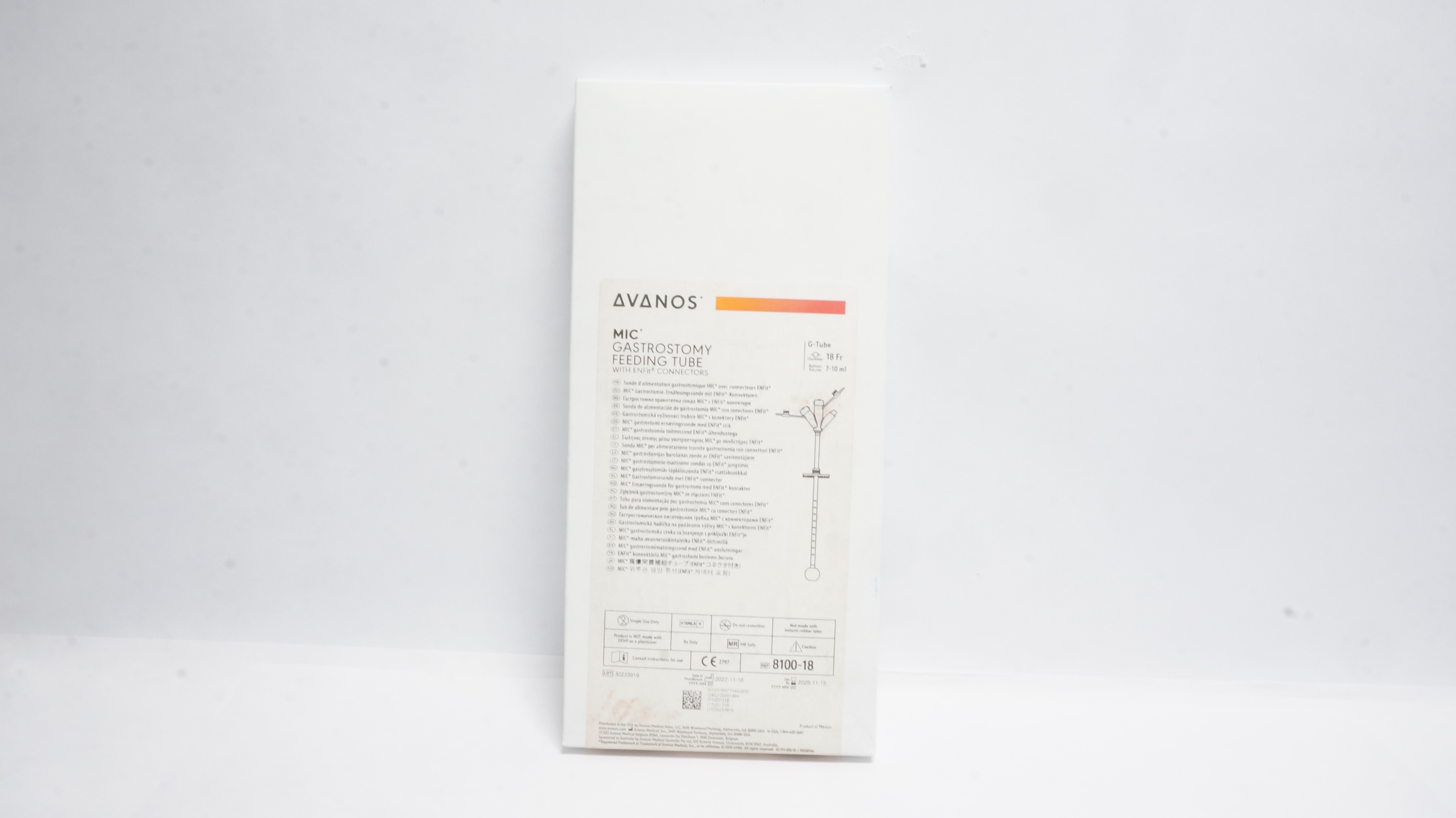 Avanos 8100-18 MIC Gastrostomy Feeding Tube w/ENFit Connectors 18Fr x 7-10ml (x)