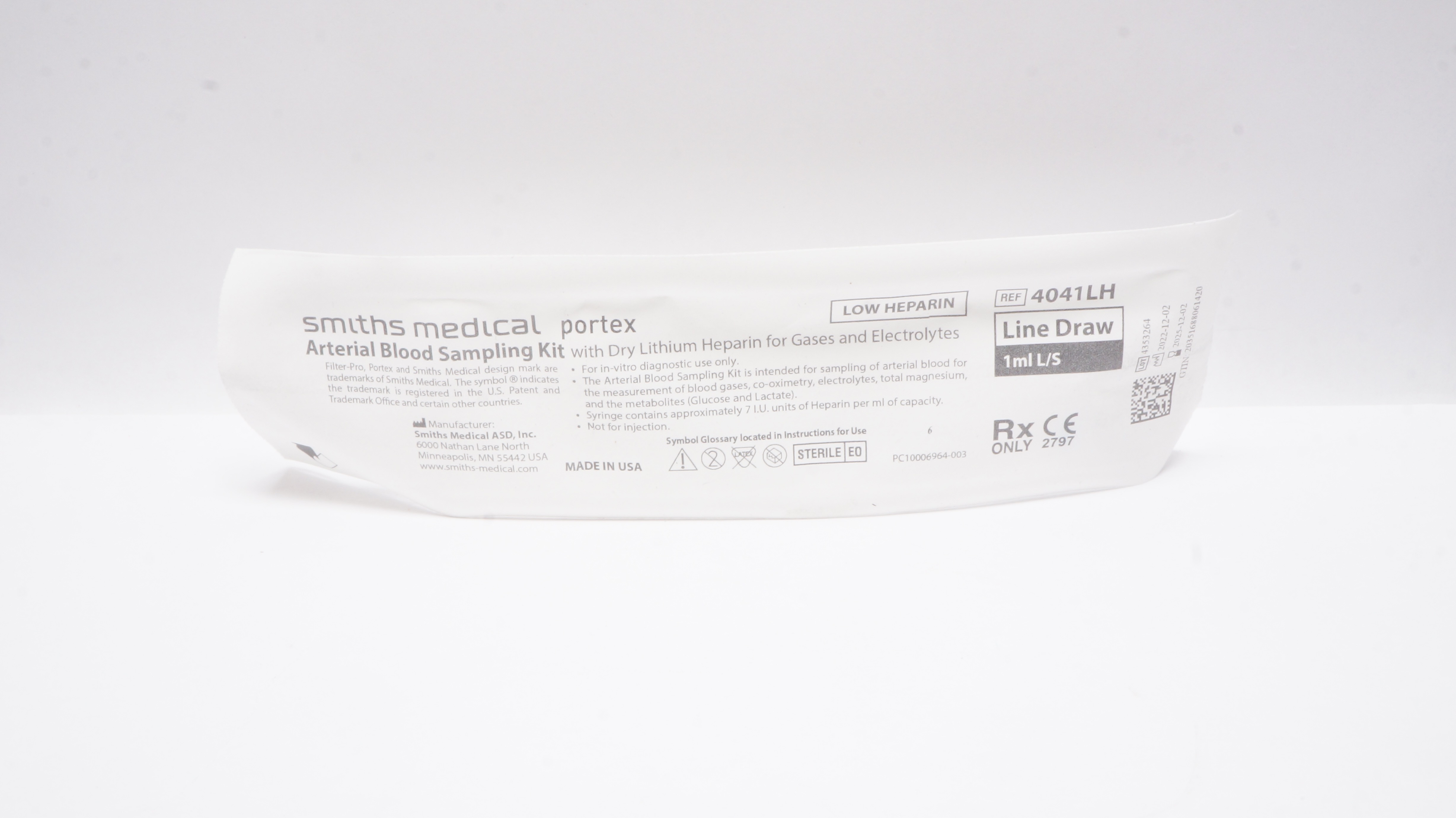 Smiths Medical 4041LH Portex Arterial Blood Sampling Kit w/ Dry Lithium Heparin