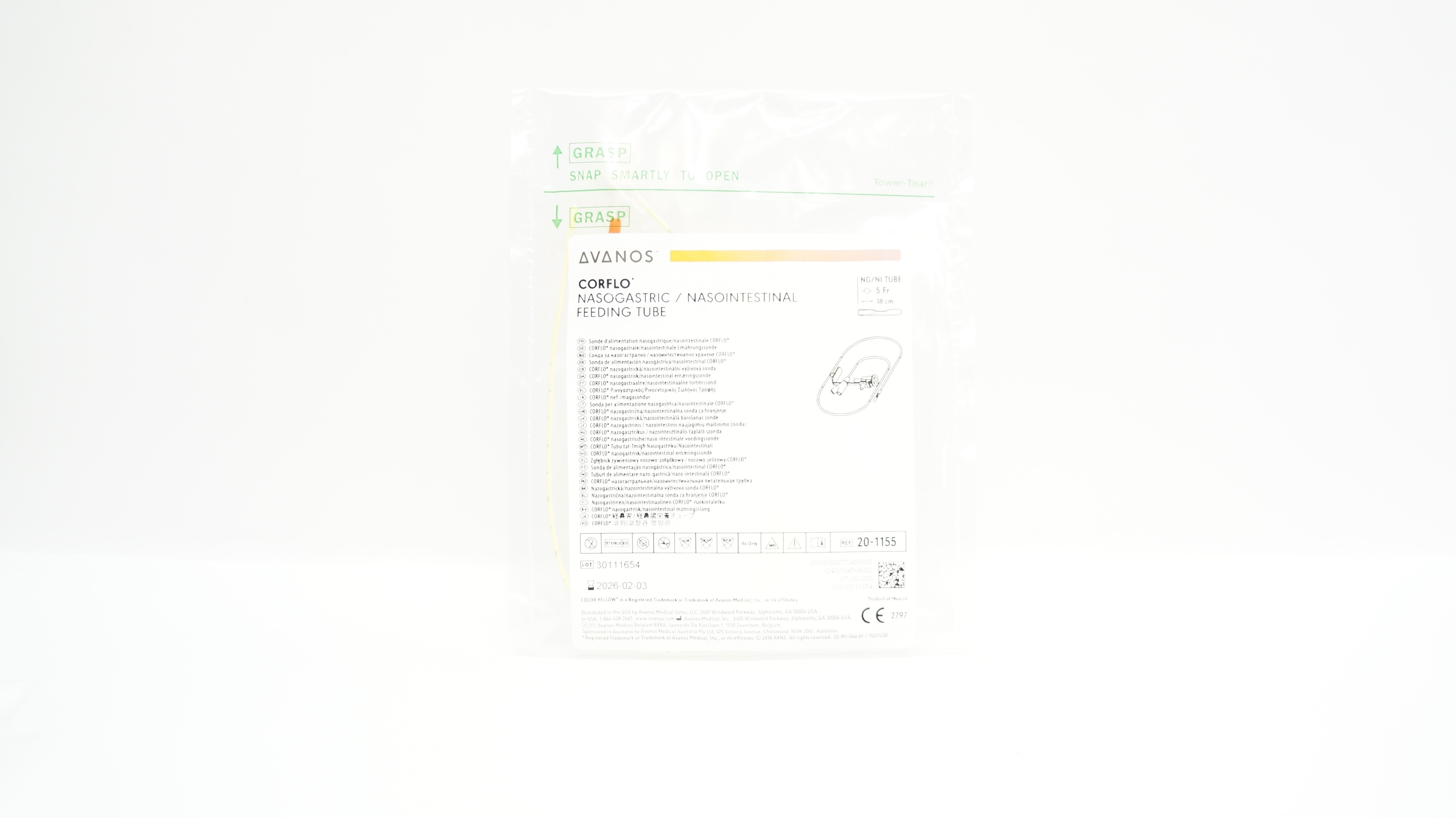 Avanos 20-1155 Corflo Nasogastric/Nasointestinal Feeding Tube 5Fr x 38cm