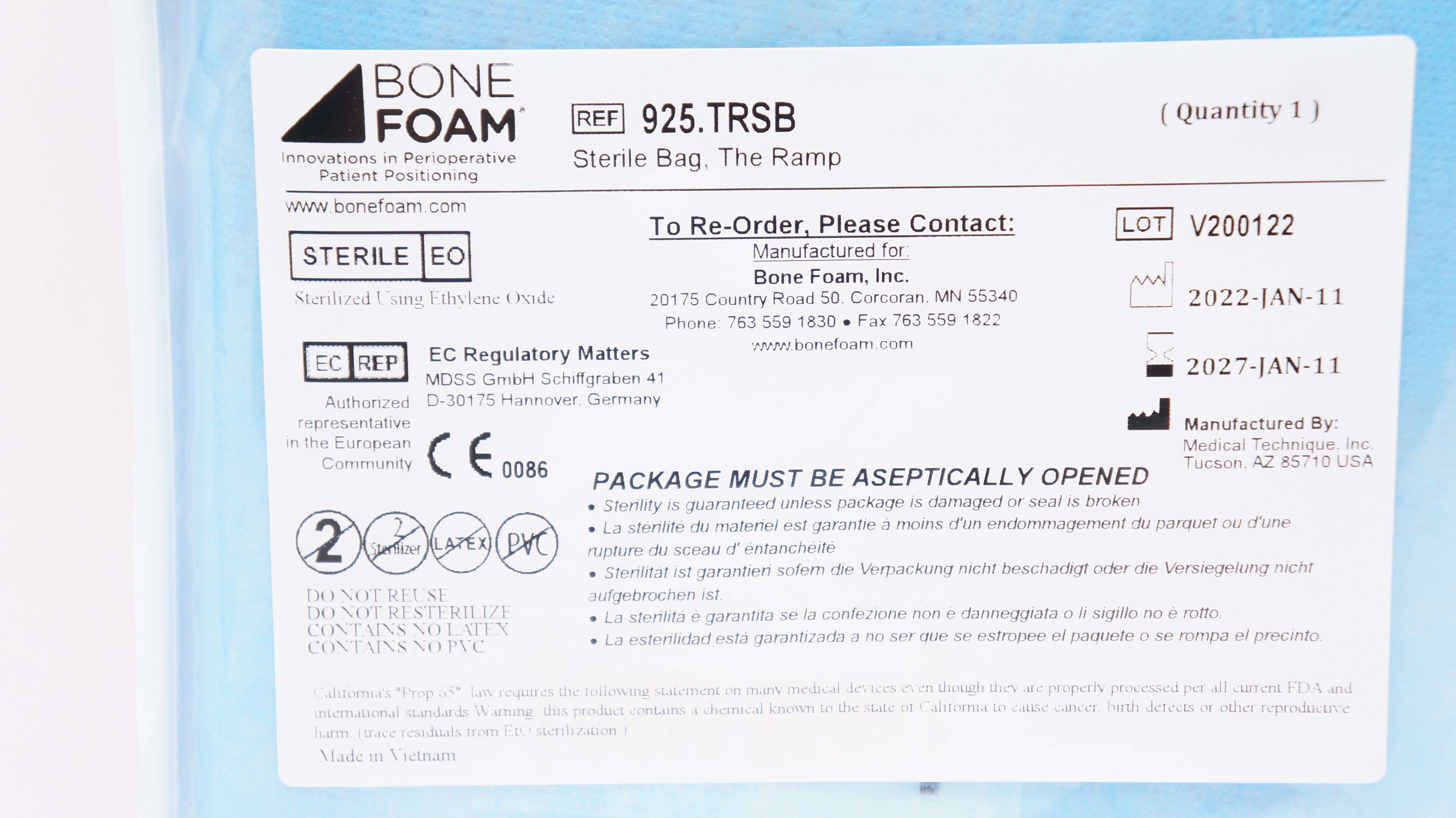Medical Technique 925.TRSB Bone Foam Sterile Bag, The Ramp - Box of 17