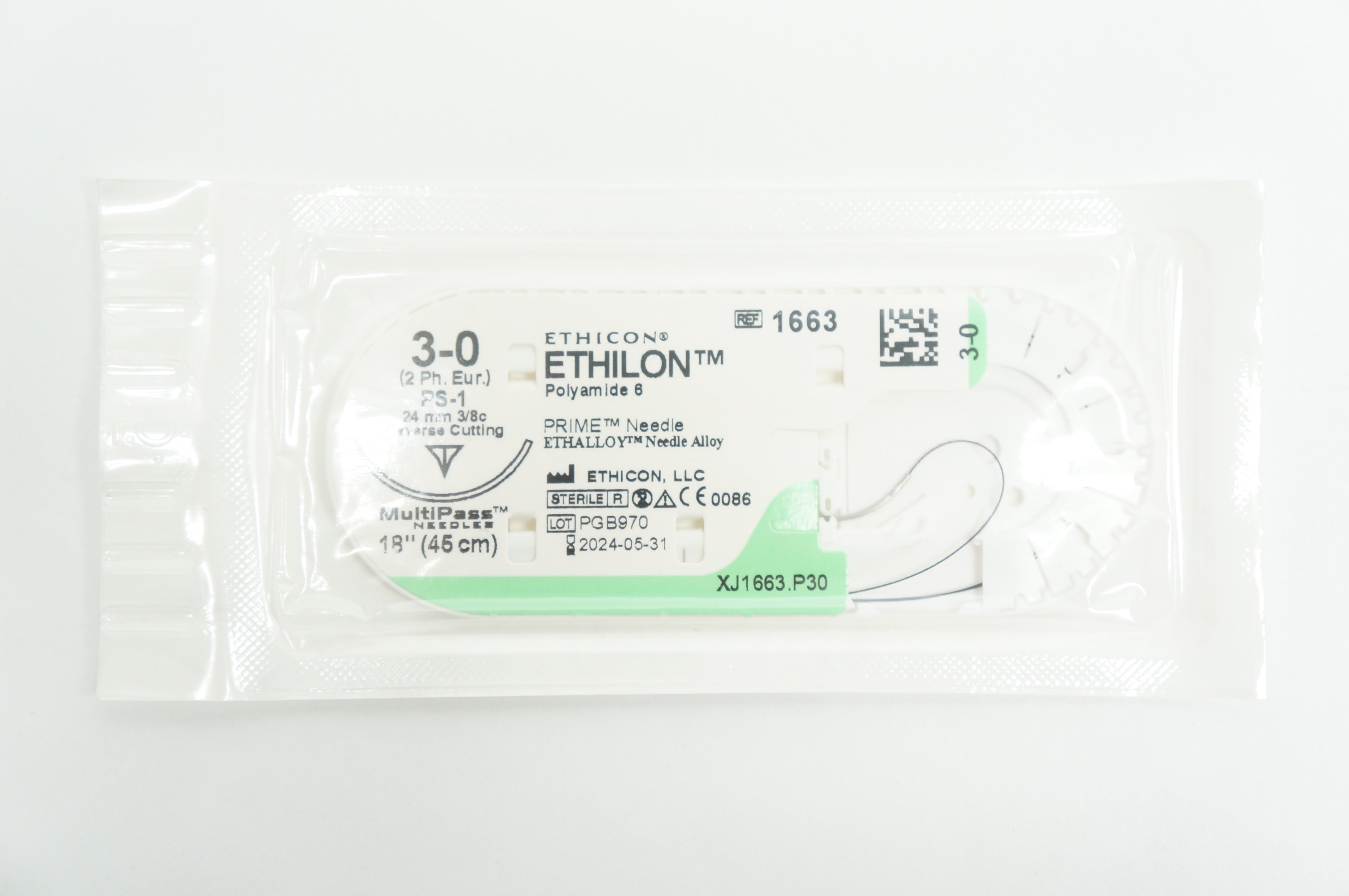 Ethicon 1663 3-0 ETHILON Stre, PS-1, 24mm 3/8c Reverse Cutting, 18inch