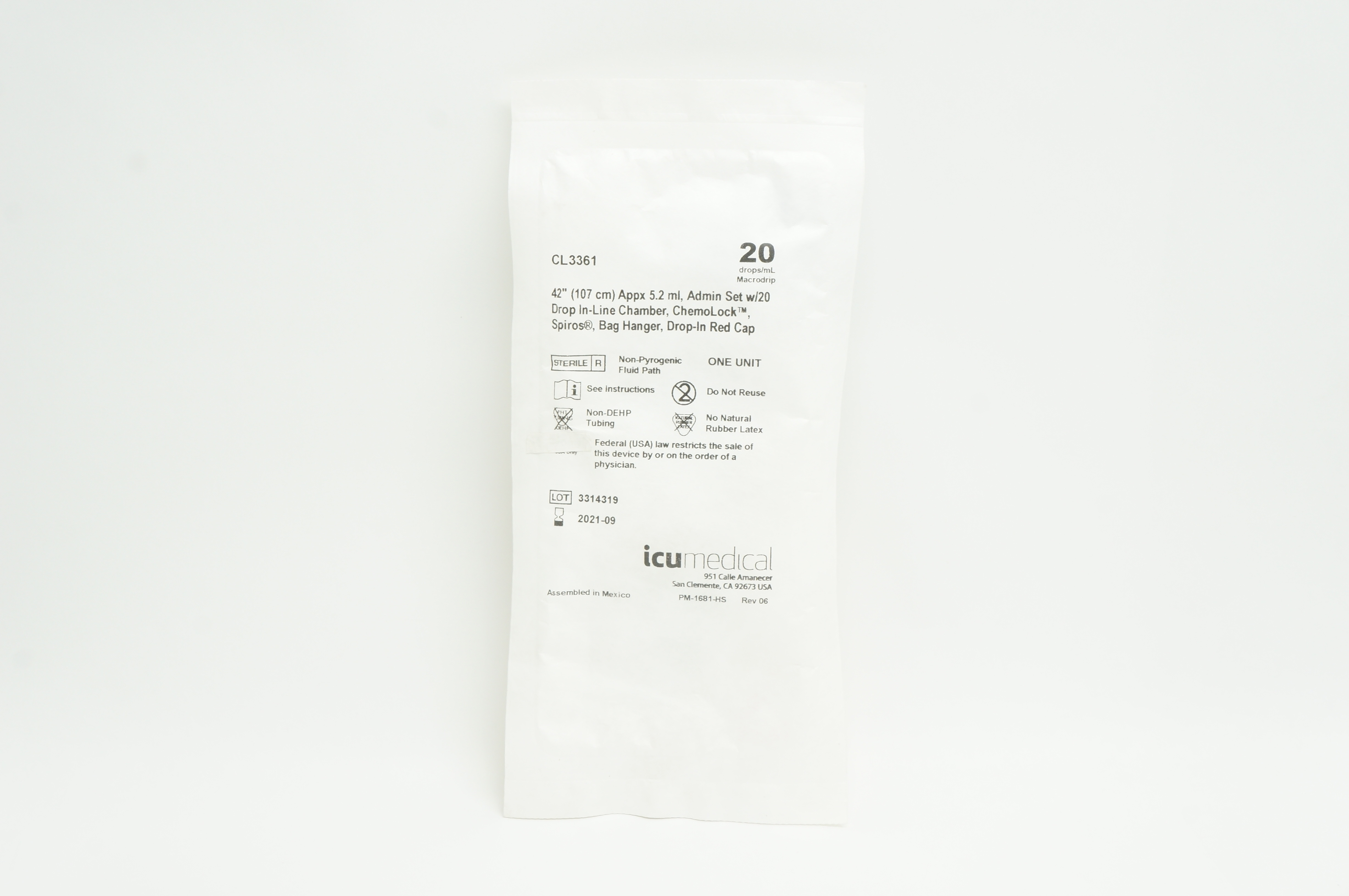 ICU Medical CL3361 Primary Administration Set Spiros 20 Drops/mL Drip Rate 42in.