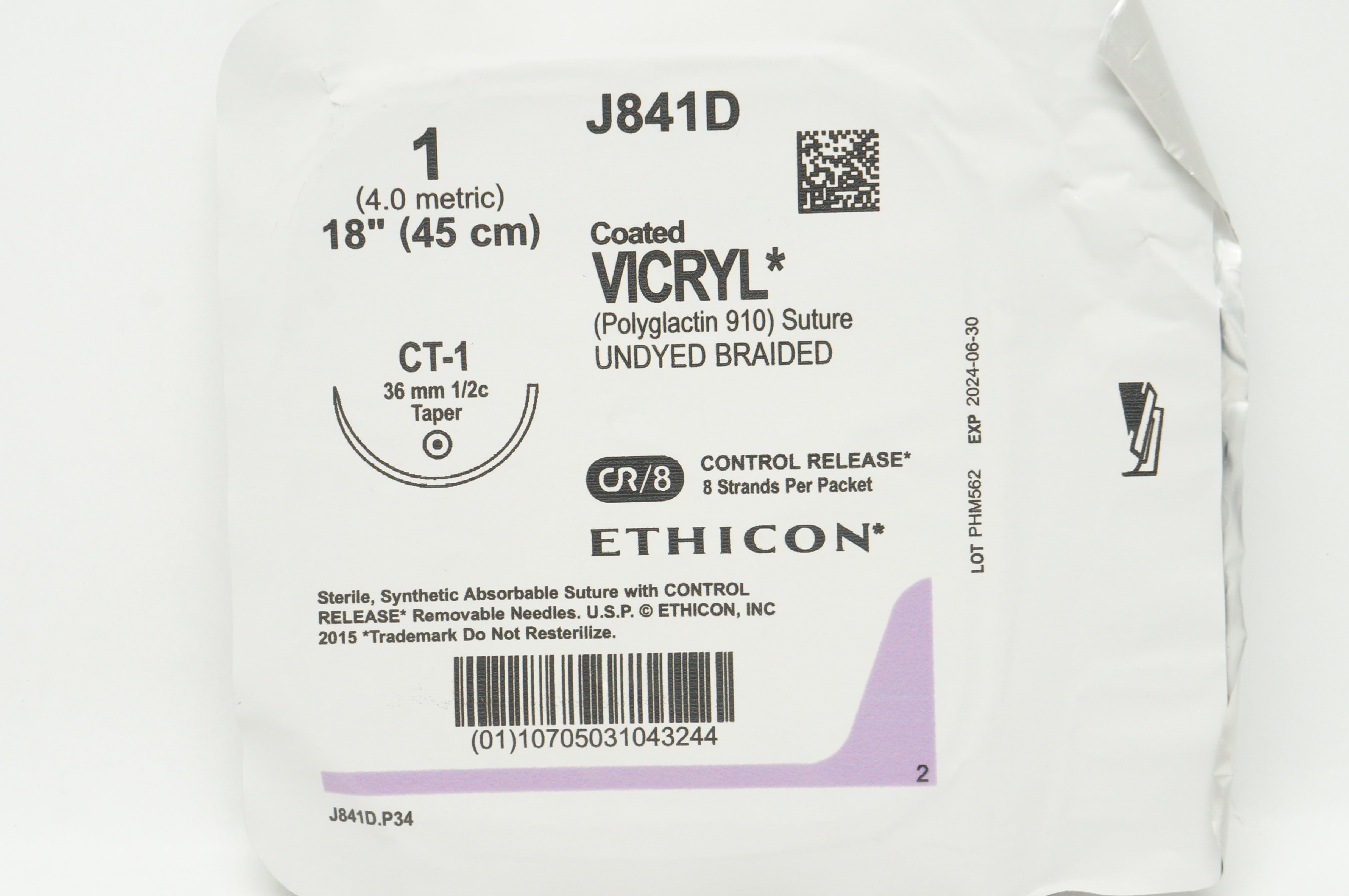 Ethicon J841D 1 Coated VICRYL Polyglactin Stre CT-1 36mm 1/2c Taper, 18inch
